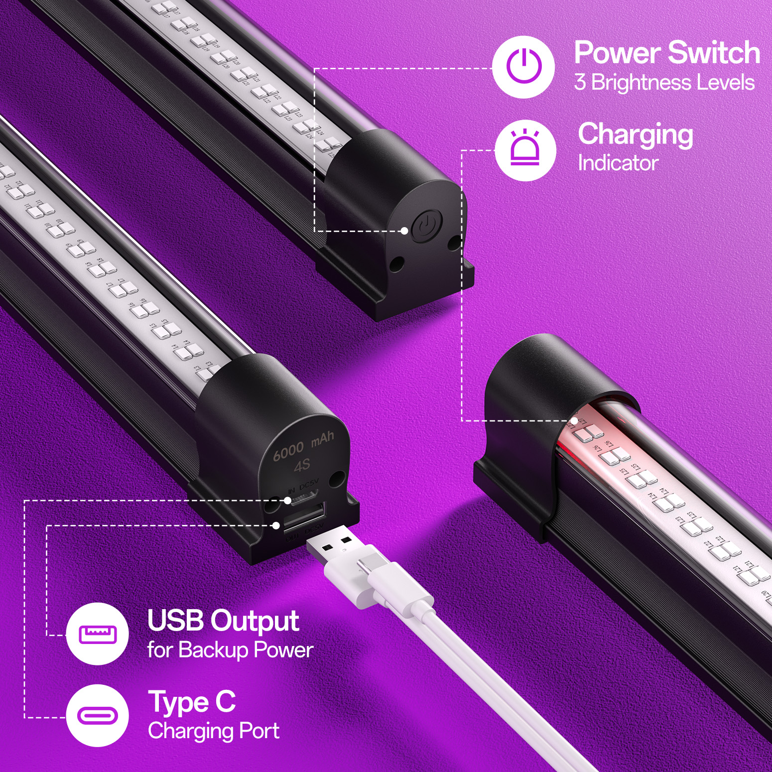 Bstrip Rechargeable Black Light, 2-Pack 11.8 Inch Battery Powered UV Blacklight Bar with 6000mAh Battery, 395-400nm Portable Magnetic Black Light for Glow Parties, Halloween, Body Paint, Pet Stain Detection