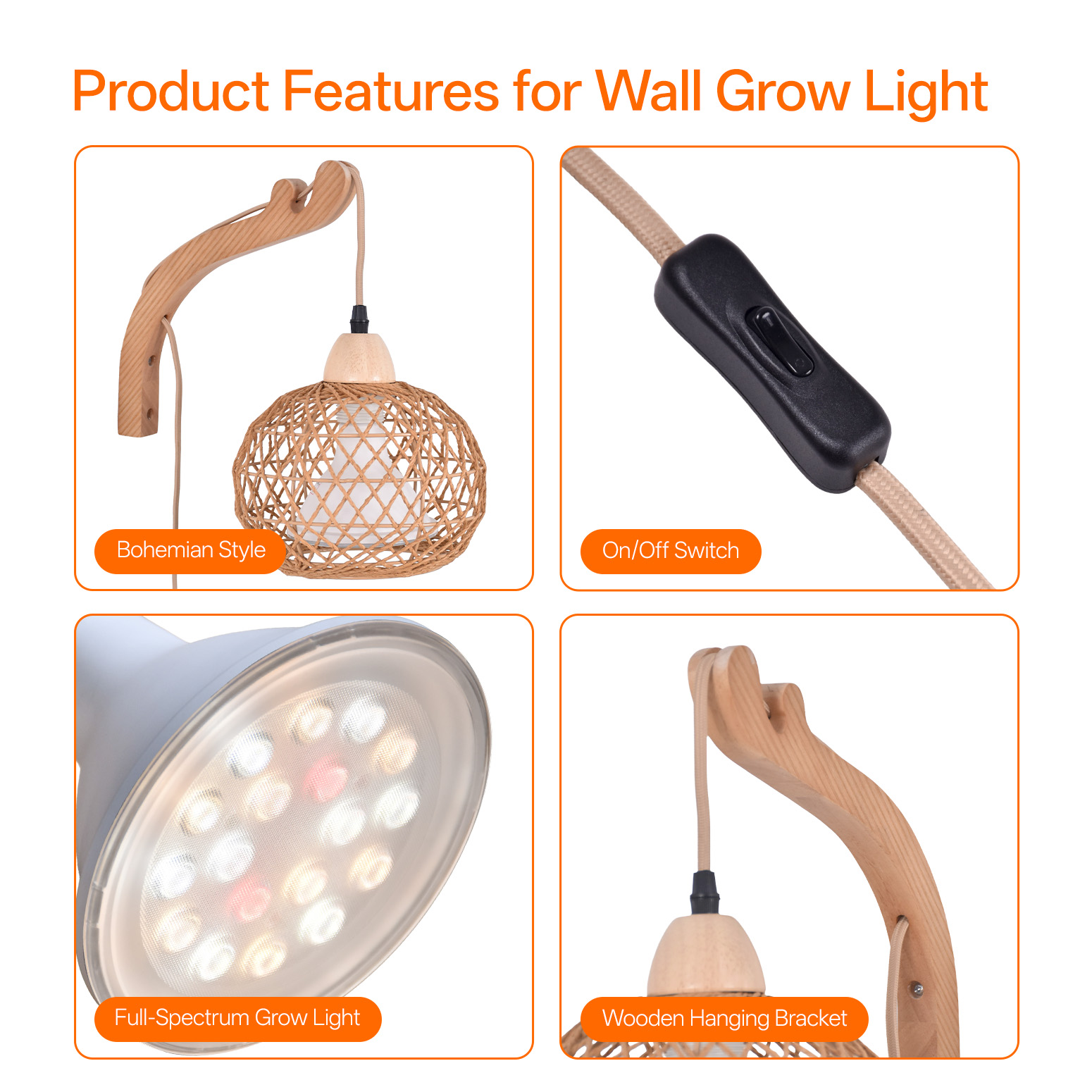 Bstrip 18W Rattan Hanging Grow Light for Indoor Plants, Full Spectrum Wall Mounted Plant Light with Wood Bracket, 9.8FT Cord, 547 PPFD Decorative Lighting for Tall Plants, Flowers, Home Decor