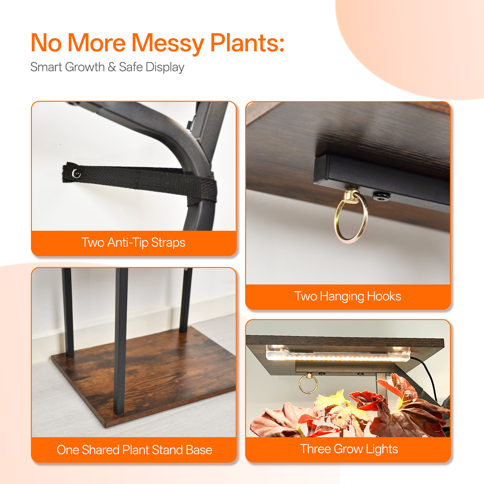 Bstrip 63 Inch 7-Tier Plant Stand with Grow Light, S-Shaped Corner Shelf with Hanging Hooks for Living Room & Patio