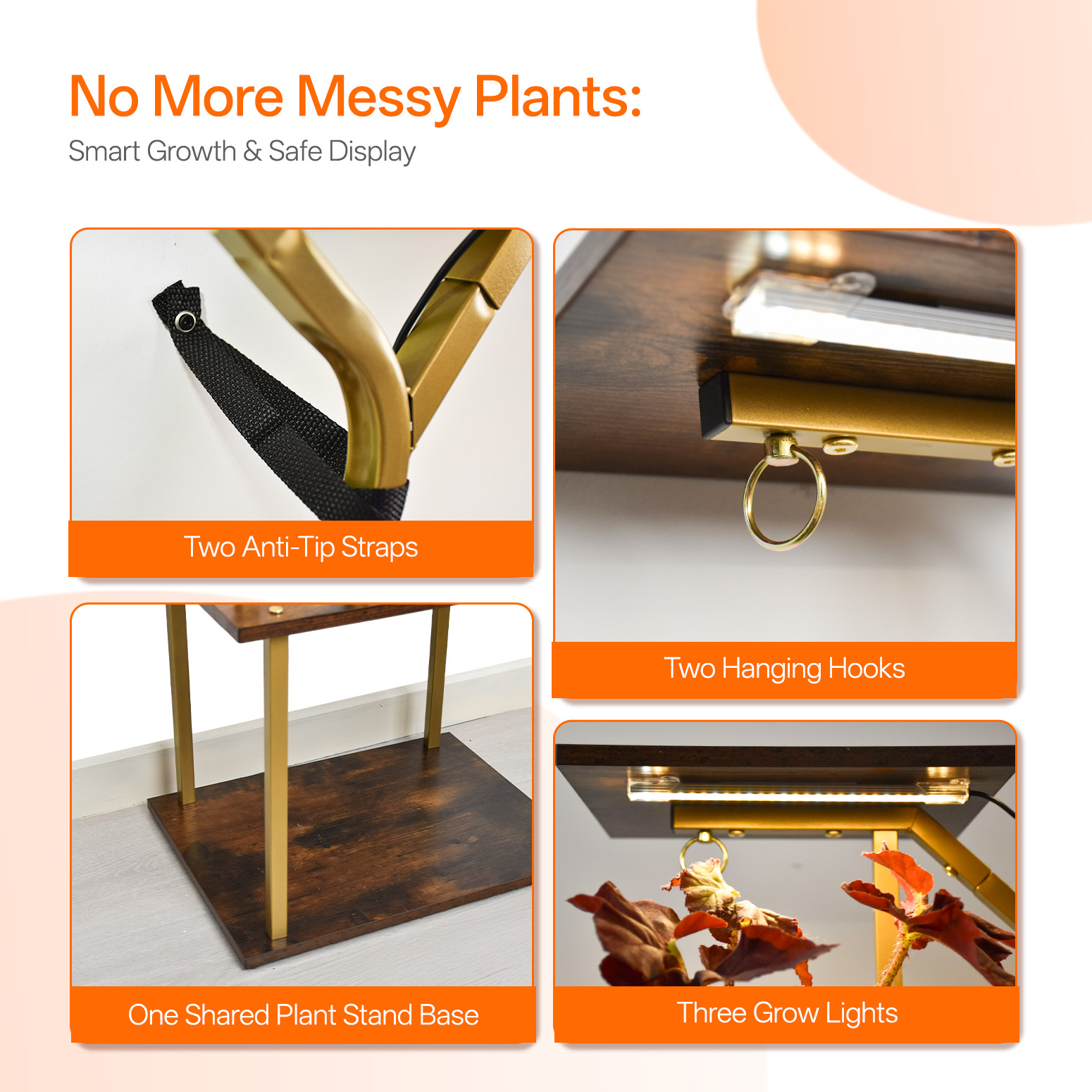 Bstrip 63 Inch 7-Tier Gold Plant Stand with Grow Light, S-Shaped Corner Shelf with Walnut Wood Panels and Hanging Hooks