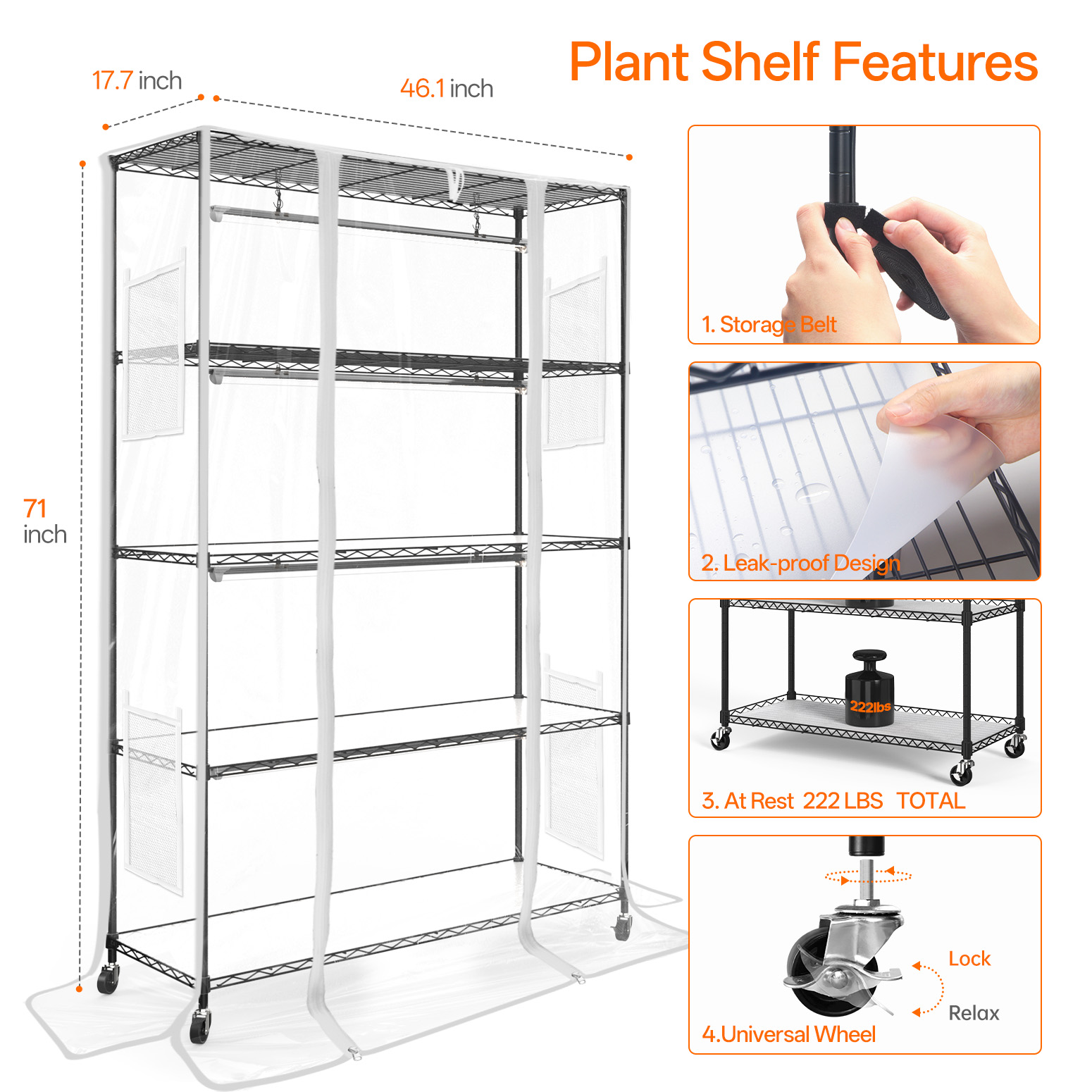 Bstrip 71" 5-Tier Indoor Greenhouse with 4x30W T8 Grow Lights, Large Grow Tent with EVA Cover and Locking Wheels