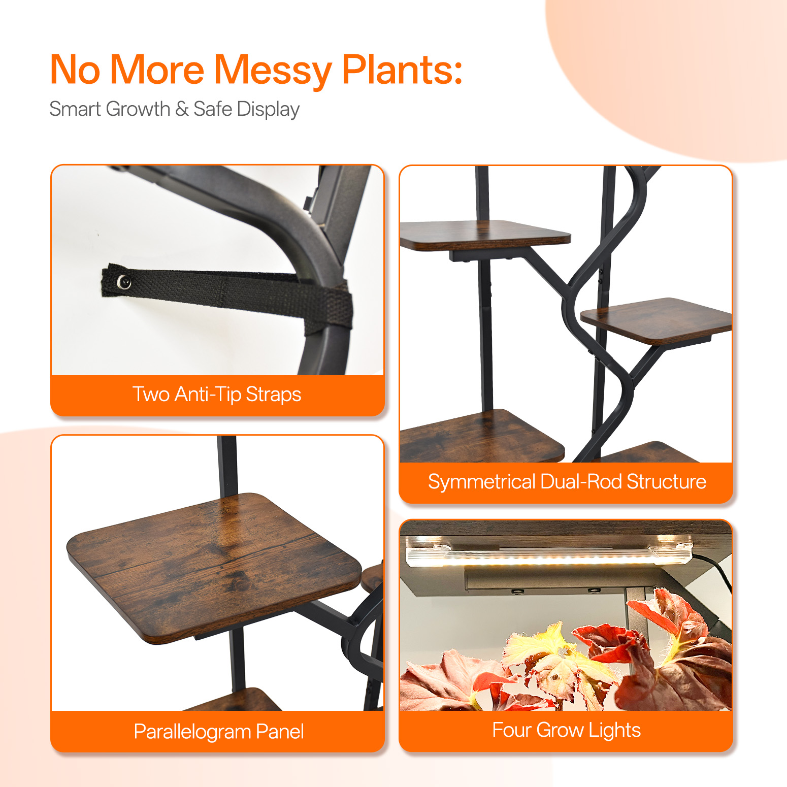 Bstrip 57 Inch 8-Tier Plant Stand with Grow Light, Wave-S Design Indoor Plant Shelf with Rust-Resistant Frame and Waterproof MDF