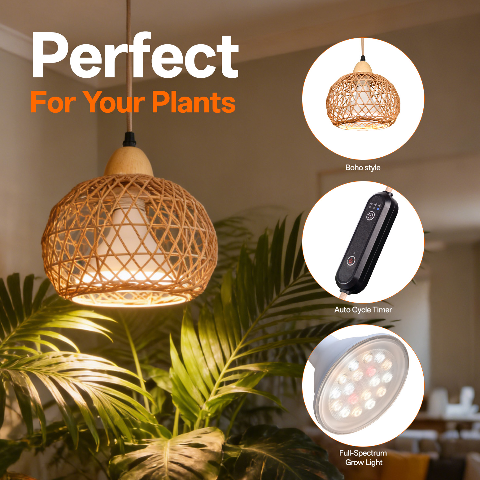 Bstrip 18W Full Spectrum Hanging Grow Light with Timer & Rattan Shade for Indoor Plants