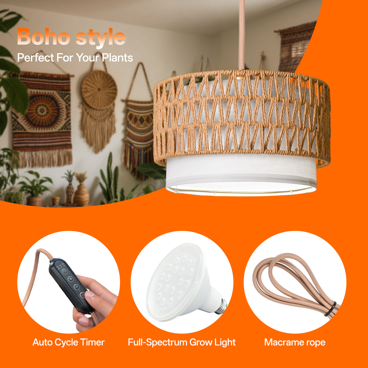 Bstrip H71 Boho Pendant Grow Light – Dimmable 18W Full Spectrum Lamp with Timer & Linen Shade for Indoor Plants