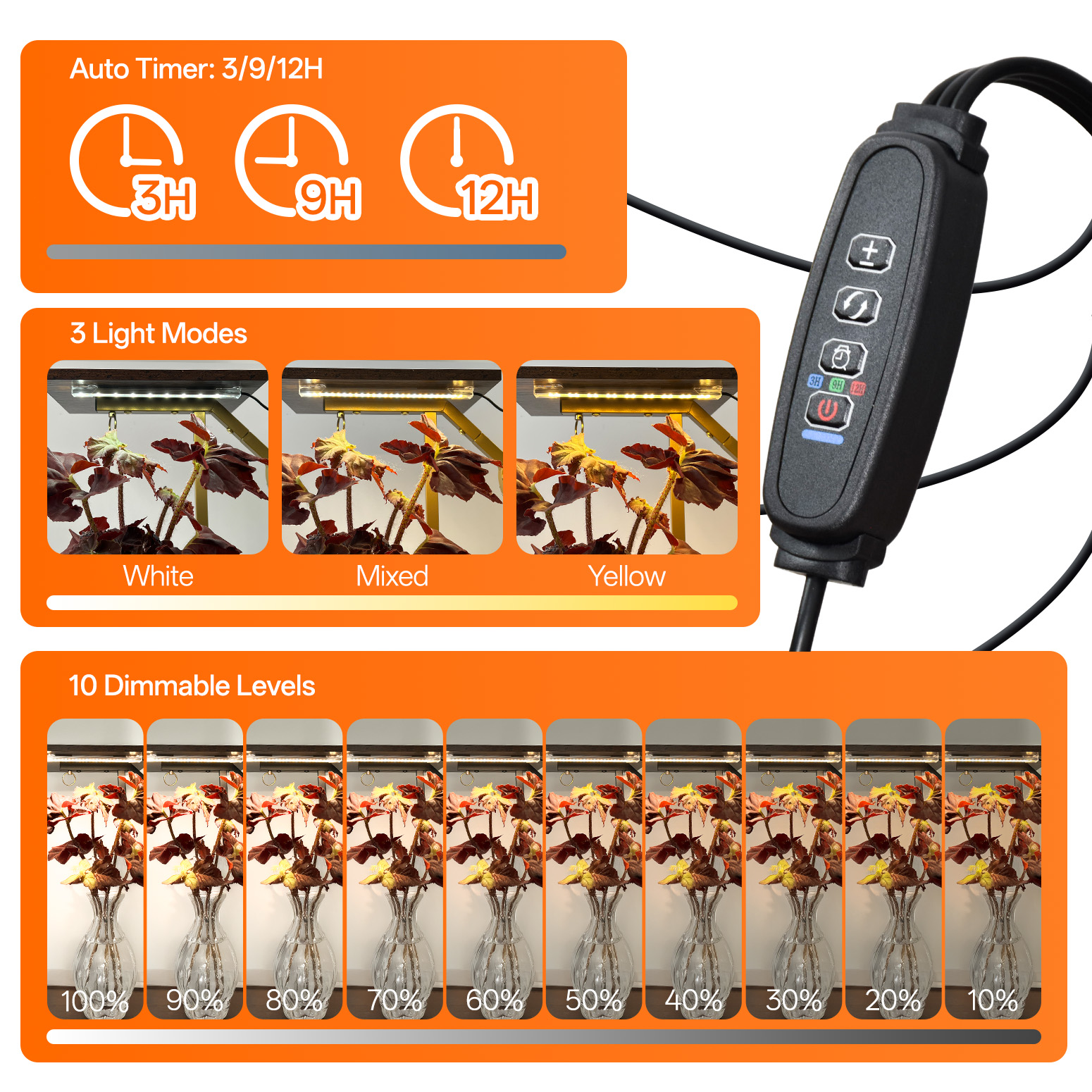 Bstrip 63 Inch 7-Tier Gold Plant Stand with Grow Light, S-Shaped Corner Shelf with Walnut Wood Panels and Hanging Hooks