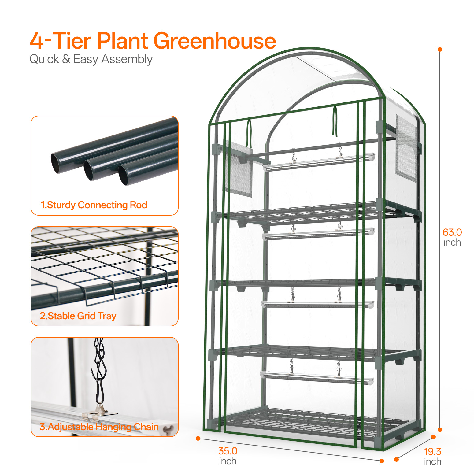 Bstrip 63" 4-Tier Indoor Greenhouse with Grow Lights, Mini Grow Tent with Timer, PVC Cover and Ventilation Windows