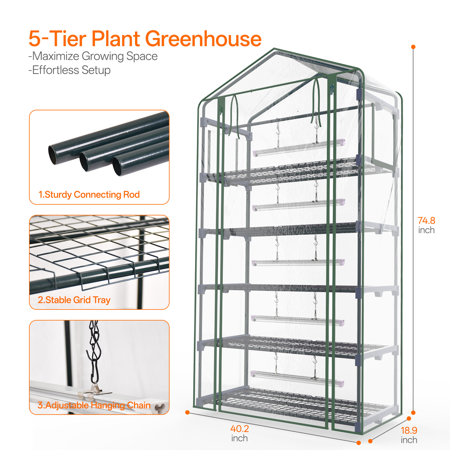 Bstrip 74.8" 5-Tier Indoor Greenhouse with Grow Lights, Large Grow Tent with Timer, PVC Cover and Ventilation System