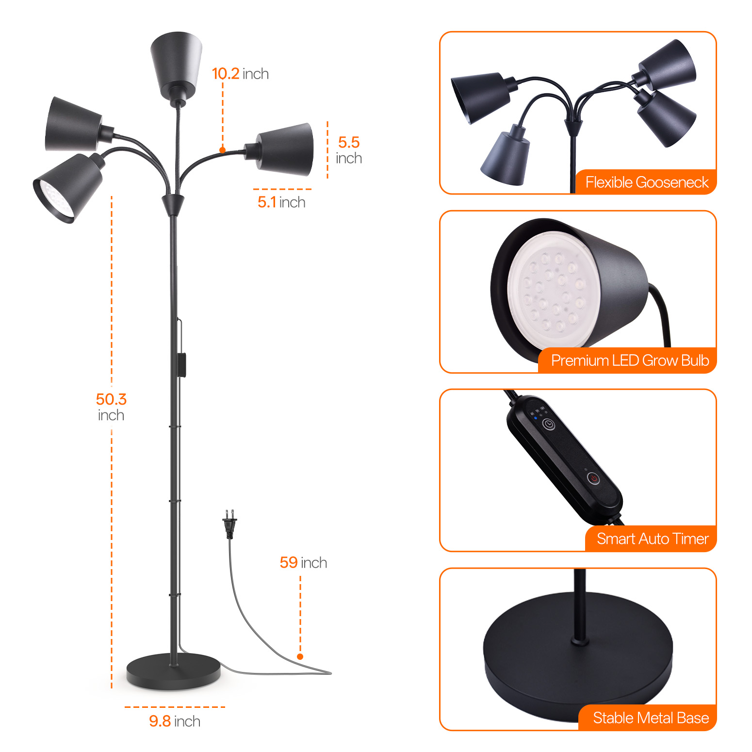 Bstrip 4-Head Floor Grow Light for Indoor Plants, 59" Tall Standing Plant Light with Flexible Goosenecks, 18W Full Spectrum LED Grow Lamp with Smart Timer, 3800K Non-Dimmable Bulbs for Home Gardening