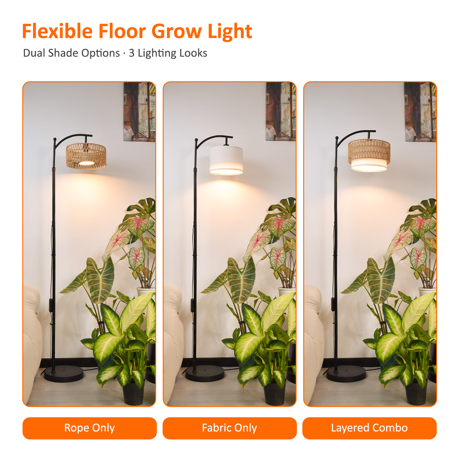 Bstrip 65-72.8 Inches Adjustable Floor Grow Light for Indoor Plants, Boho Rattan & Linen Shade Standing Lamp, 25W 3000K Full Spectrum LED Plant Light with Auto On/Off Timer, 3 Style Assembly Options