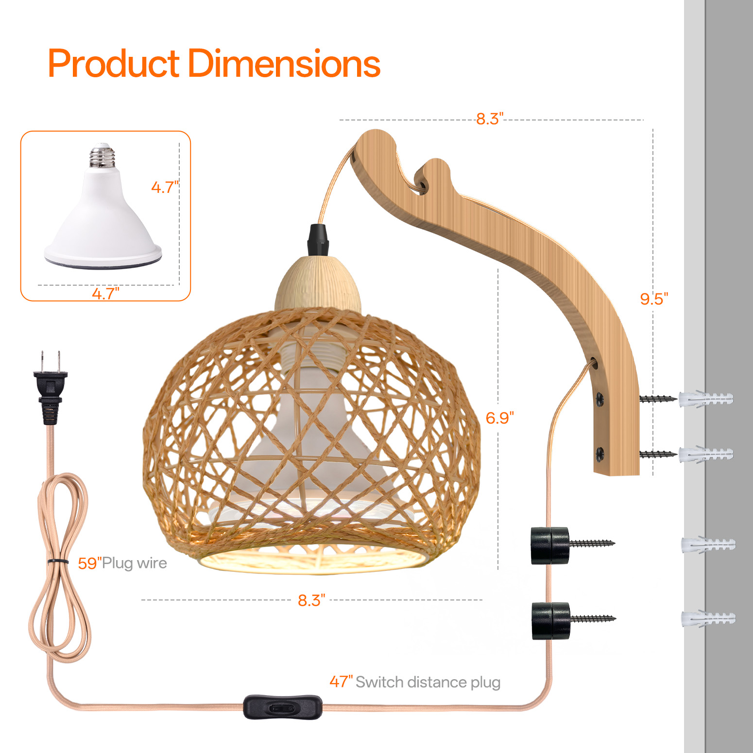 Bstrip 18W Rattan Hanging Grow Light for Indoor Plants, Full Spectrum Wall Mounted Plant Light with Wood Bracket, 9.8FT Cord, 547 PPFD Decorative Lighting for Tall Plants, Flowers, Home Decor