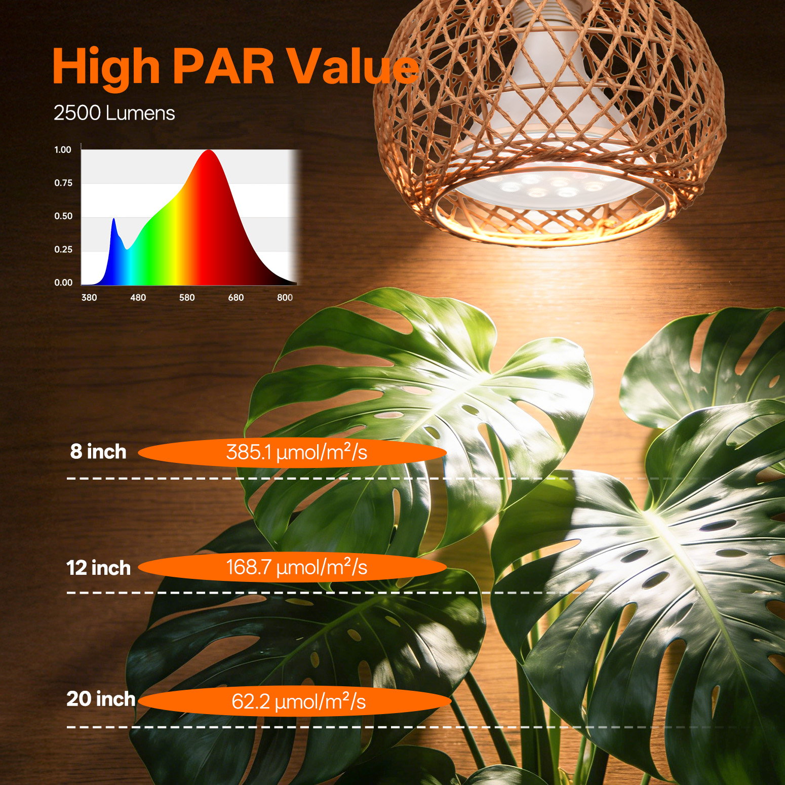 Bstrip 18W Full Spectrum Hanging Grow Light with Timer & Rattan Shade for Indoor Plants