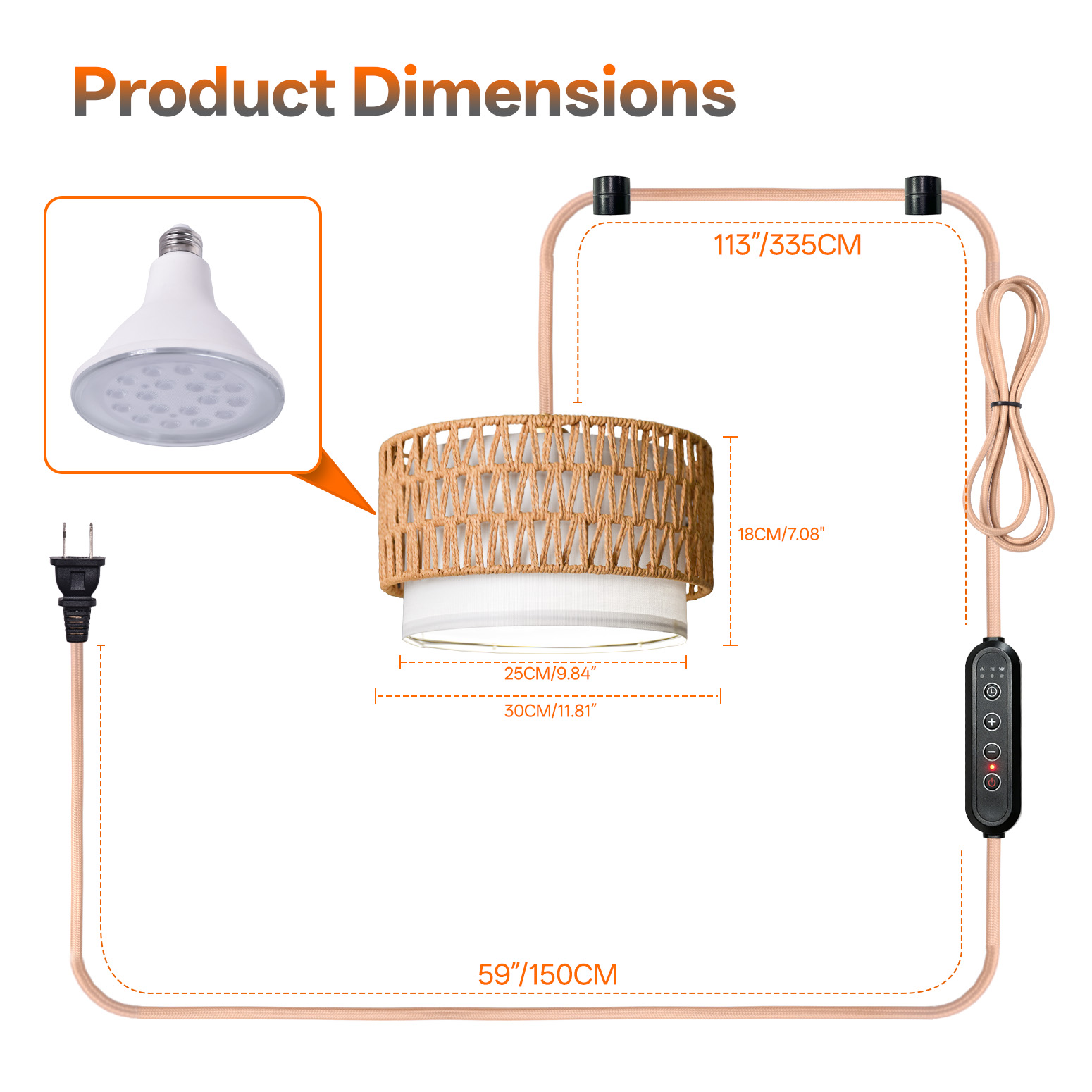 Bstrip H71 Boho Pendant Grow Light – Dimmable 18W Full Spectrum Lamp with Timer & Linen Shade for Indoor Plants