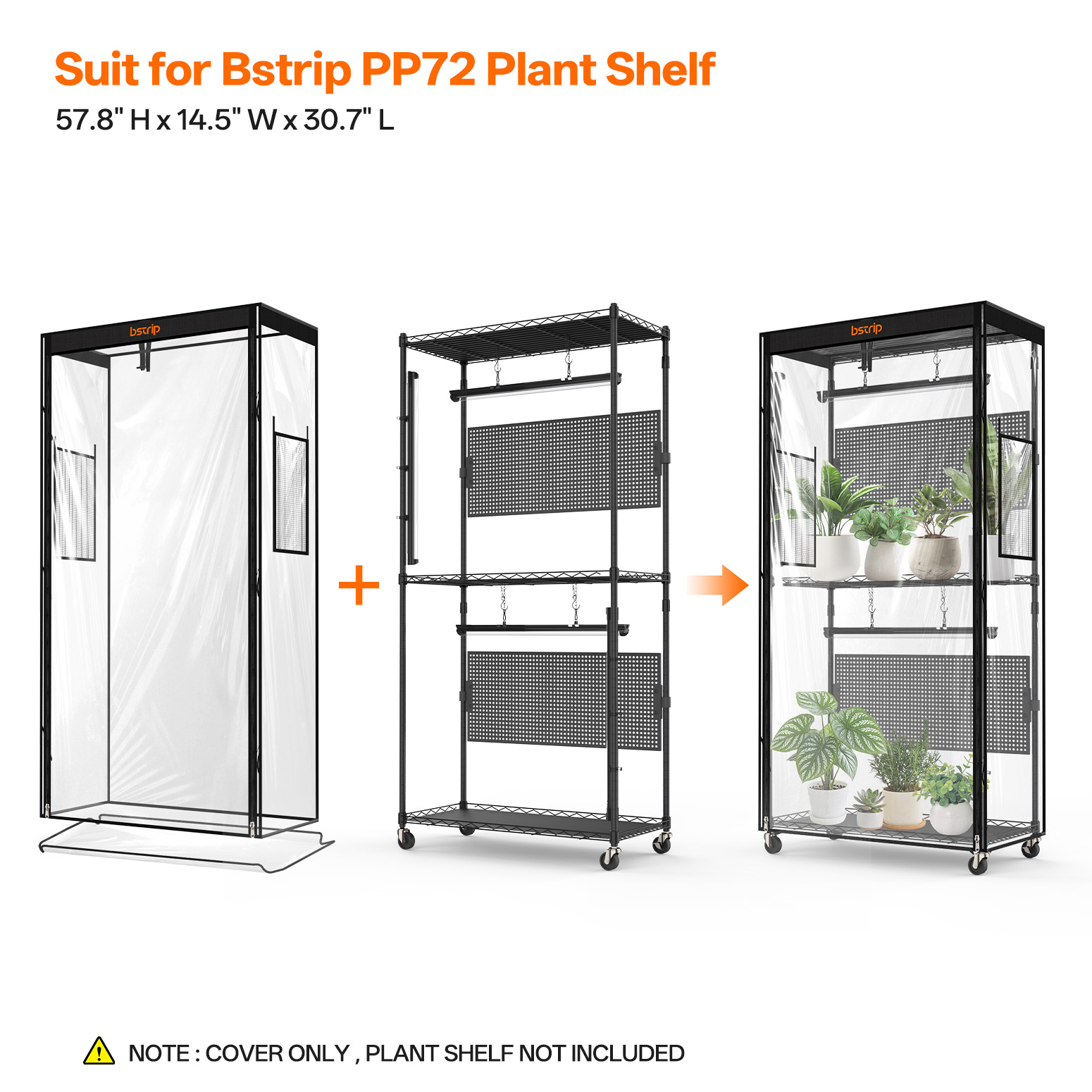 Bstrip PP72-ZP Greenhouse Replacement Cover with Base Tray, 30.7" x 14.5" x 57.8" Waterproof EVA Grow Tent for 29.5" x 13.7" x 59" Plant Shelf, Transparent Indoor Plant Cover with Roll-Up Door & Ventilation Windows