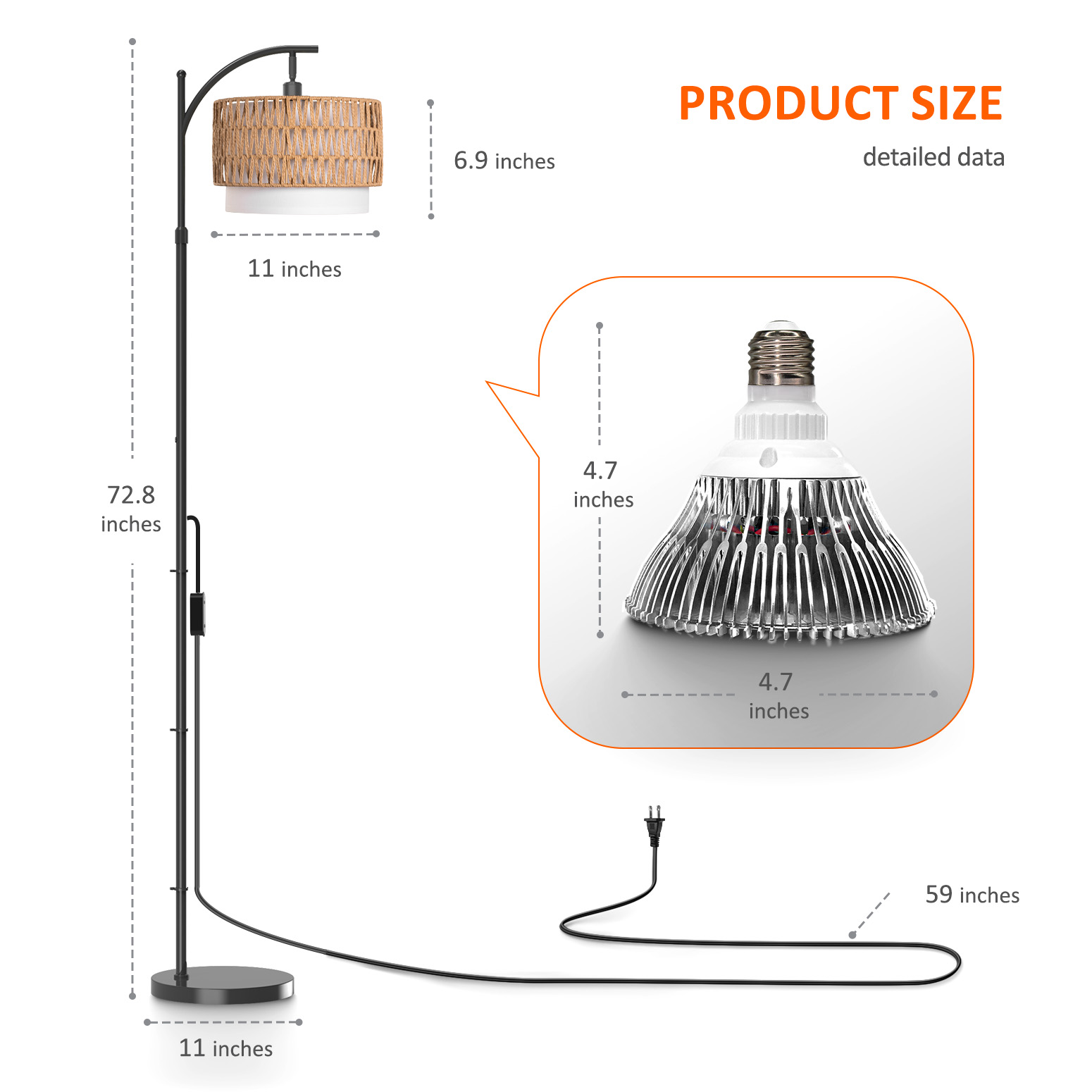 Bstrip 65-72.8 Inches Adjustable Floor Grow Light for Indoor Plants, Boho Rattan & Linen Shade Standing Lamp, 25W 3000K Full Spectrum LED Plant Light with Auto On/Off Timer, 3 Style Assembly Options