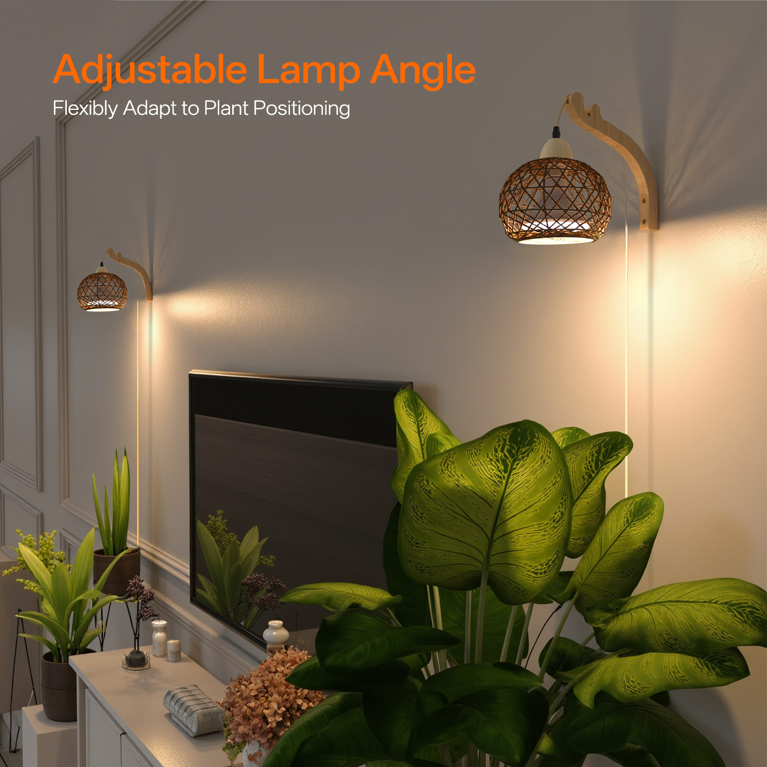 Bstrip 18W Rattan Hanging Grow Light for Indoor Plants, Full Spectrum Wall Mounted Plant Light with Wood Bracket, 9.8FT Cord, 547 PPFD Decorative Lighting for Tall Plants, Flowers, Home Decor