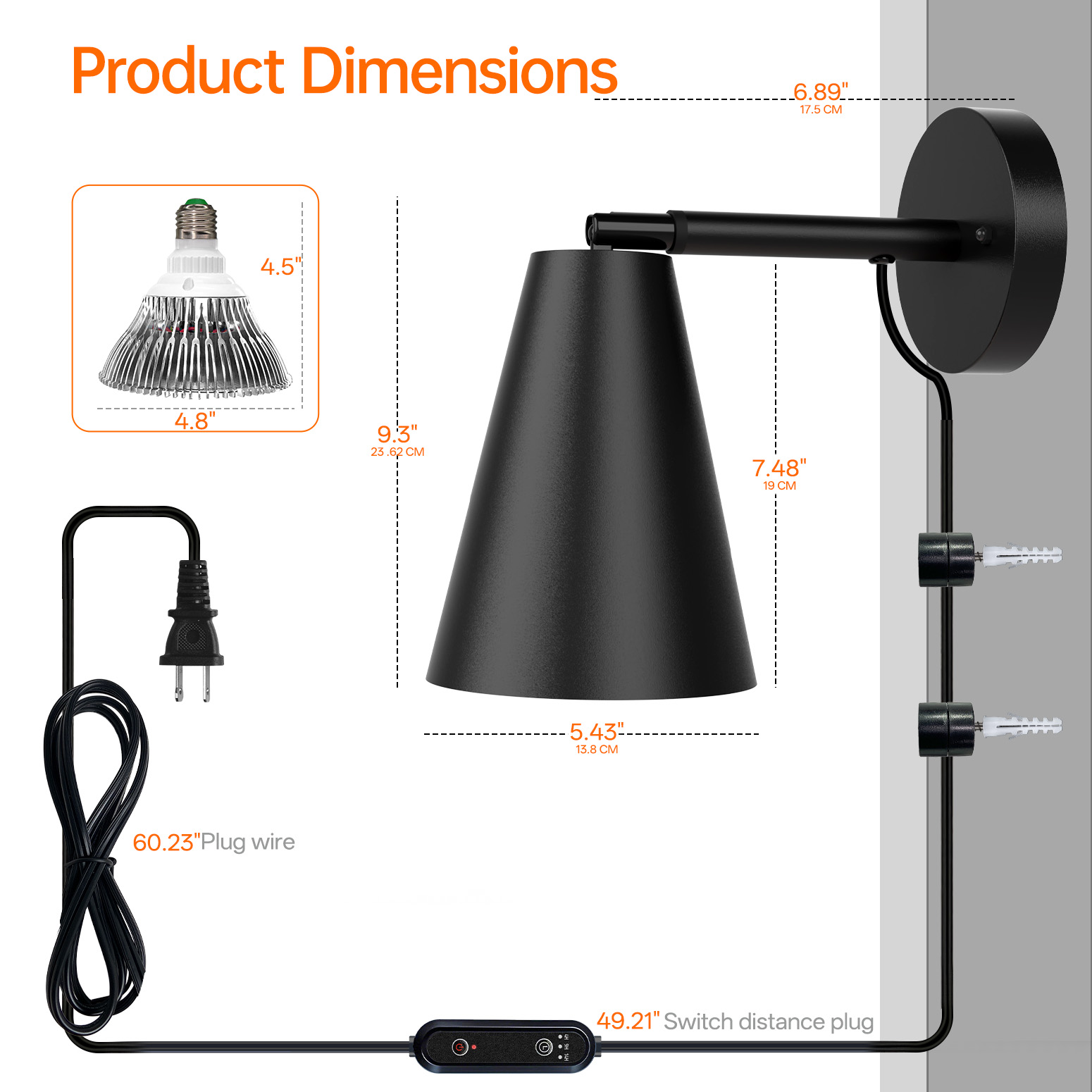 Bstrip W31 Wall Mounted Grow Light, 25W Full Spectrum LED Plant Light with Timer, 350° Adjustable Head & 180° Tilt, Decorative Black Metal Shade Hanging Grow Lamp for Indoor Plants, Flowers & Bonsai