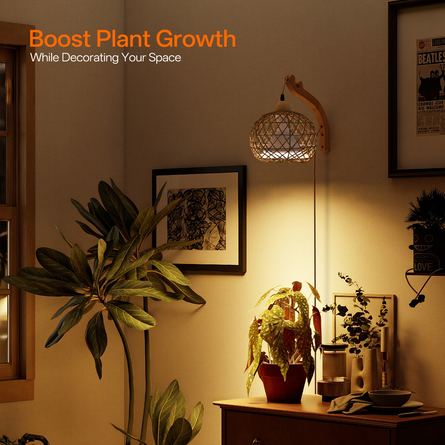 Bstrip 18W Rattan Hanging Grow Light for Indoor Plants, Full Spectrum Wall Mounted Plant Light with Wood Bracket, 9.8FT Cord, 547 PPFD Decorative Lighting for Tall Plants, Flowers, Home Decor