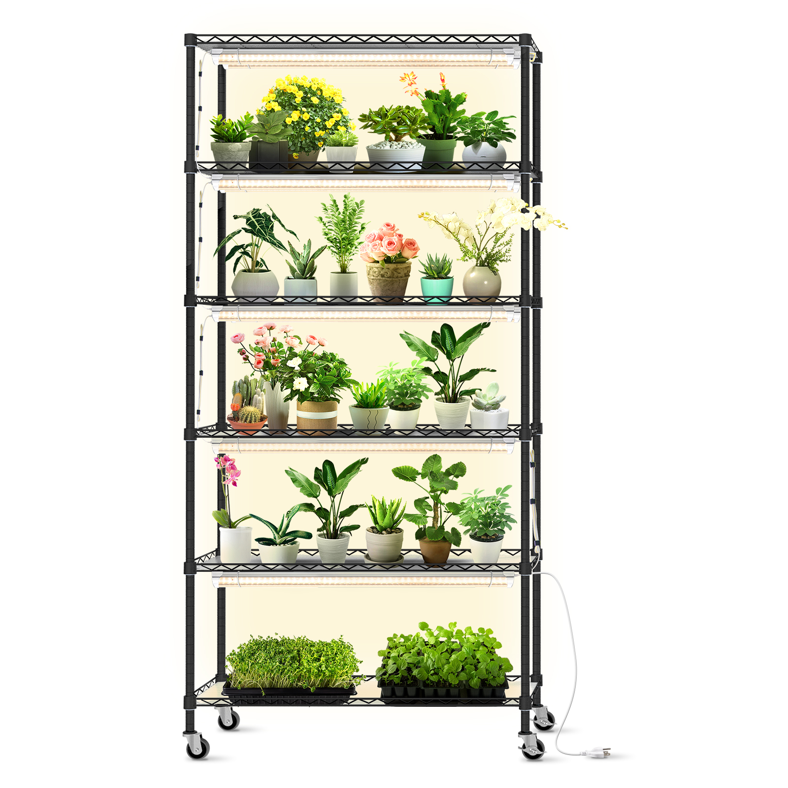 Bstrip DIY Plant Shelf with Grow Lights, Adjustable 6-Tier Plant Stand with 8-Pack 24W Full Spectrum LED Grow Lights, Mobile Gardening Station with Wheels for Seed Starting, Indoor Plants, 70.9 Inch Height