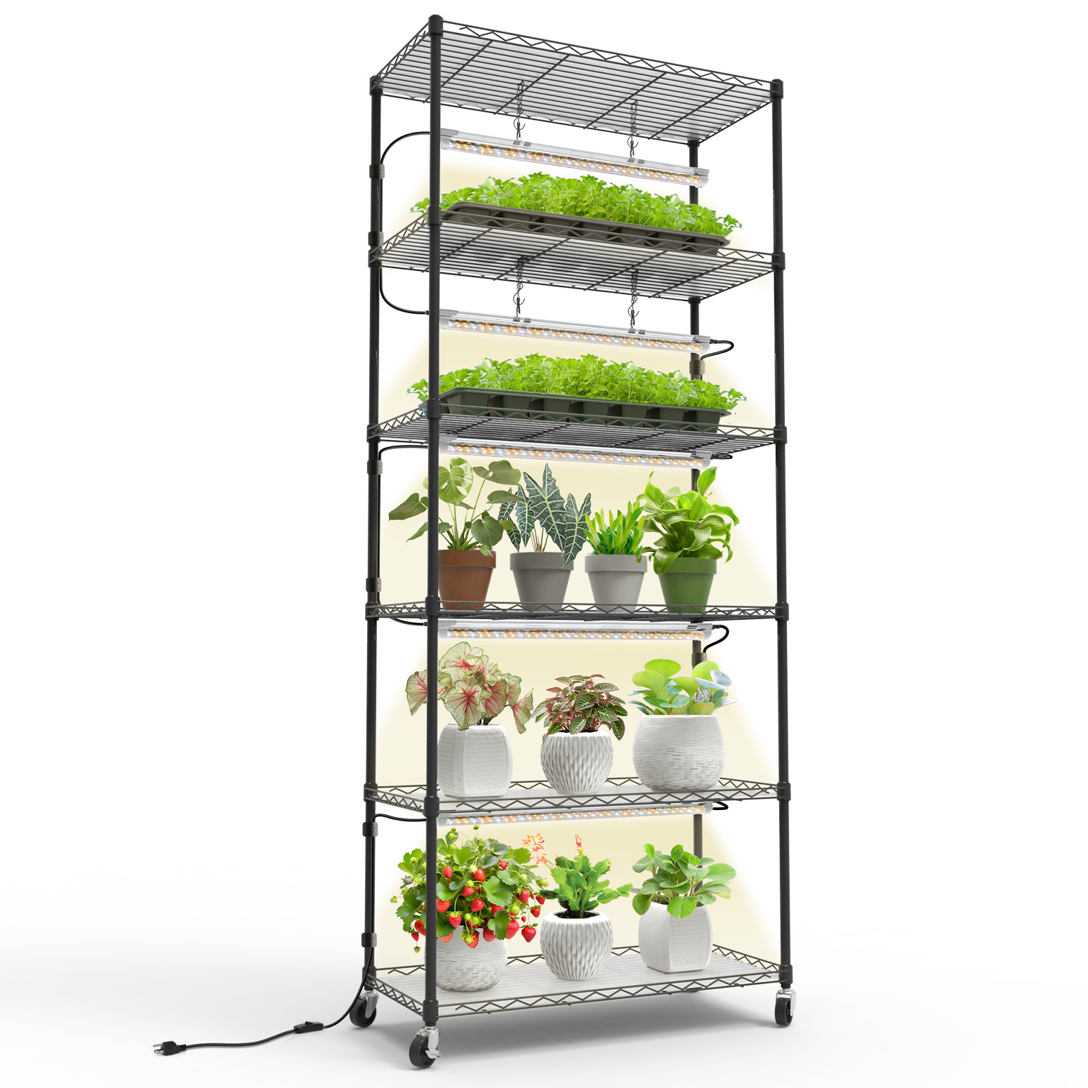 Bstrip 71" 6-Tier Metal Plant Shelf with 5x24W Grow Lights, Full Spectrum Adjustable Stand with Wheels for Indoor Plants