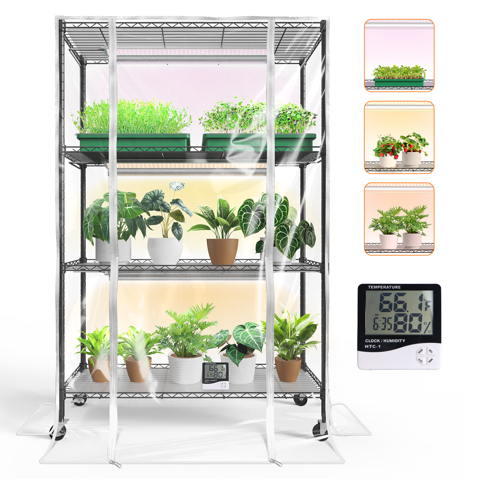 Bstrip Indoor Greenhouse with Grow Light, 59" Plant Stand with 3 Pack Full Spectrum LED Plant Lights, Portable Greenhouse Tent with Adjustable Light Height & Wheels for Indoor Gardening, Seed Starting, Year-Round Cultivation