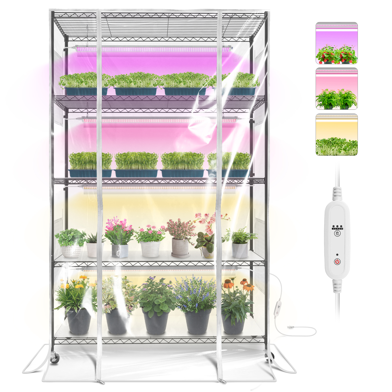 Bstrip Indoor Greenhouse Cabinet with Grow Lights, 71" Tall 5-Tier Plant Stand with Full Spectrum LED Plant Lights, 3 Color Modes & Auto Timer, Mobile Gardening System with Tent for Indoor Plants, Seed Starting