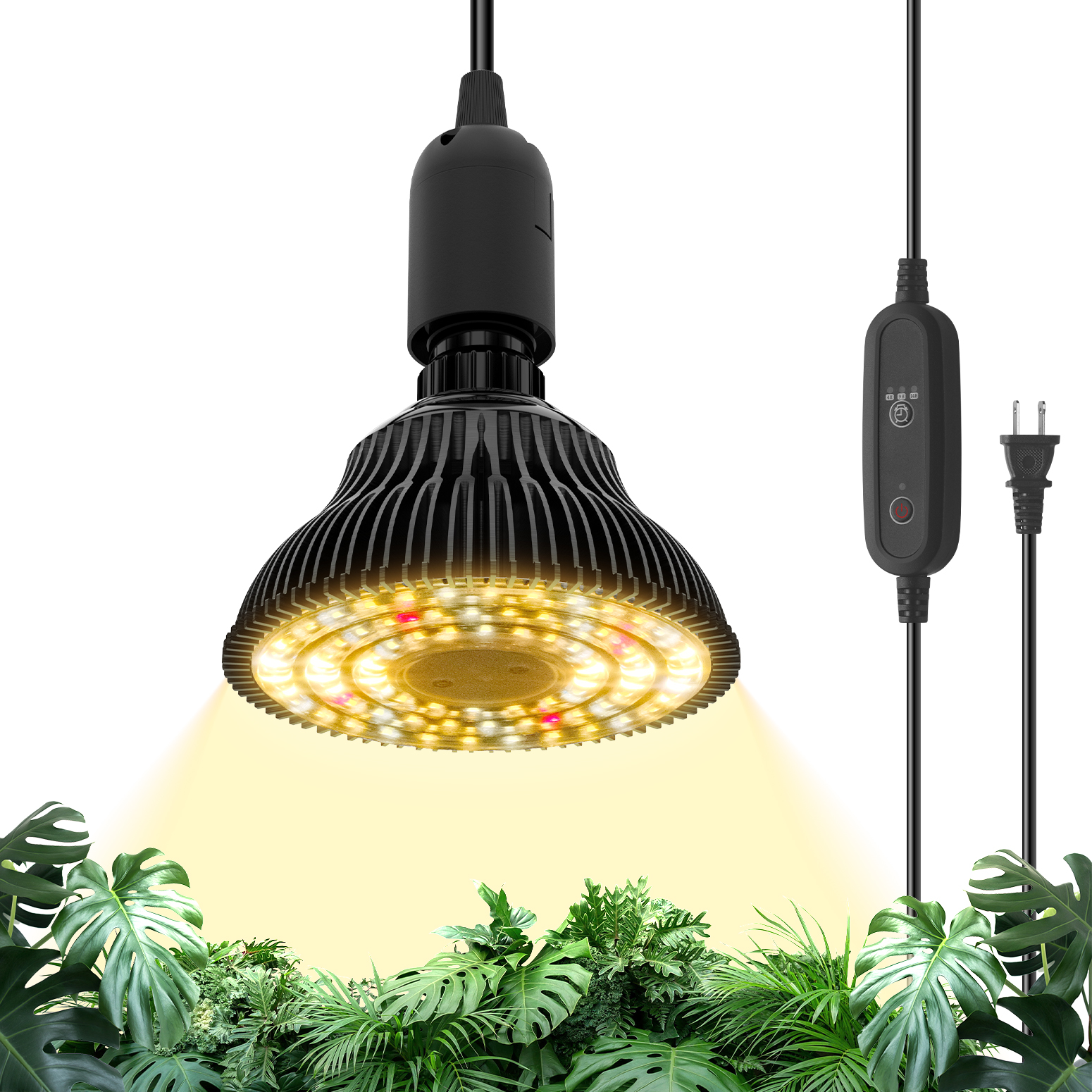 Bstrip 25W Hanging Grow Light with Optical Lens for Indoor Plants, Full Spectrum Plant Bulb with Enhanced PPFD & 98 CRI, Timer & 16.4FT Cord, Black Pendant Light for Tall Plants, Flowers, Indoor Gardening