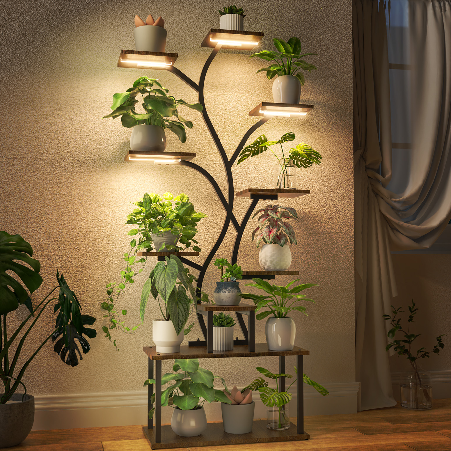 Bstrip 63 Inch 10-Tier Plant Stand with Grow Light, Tree Shaped Design Indoor Plant Shelf for Home Corner and Patio
