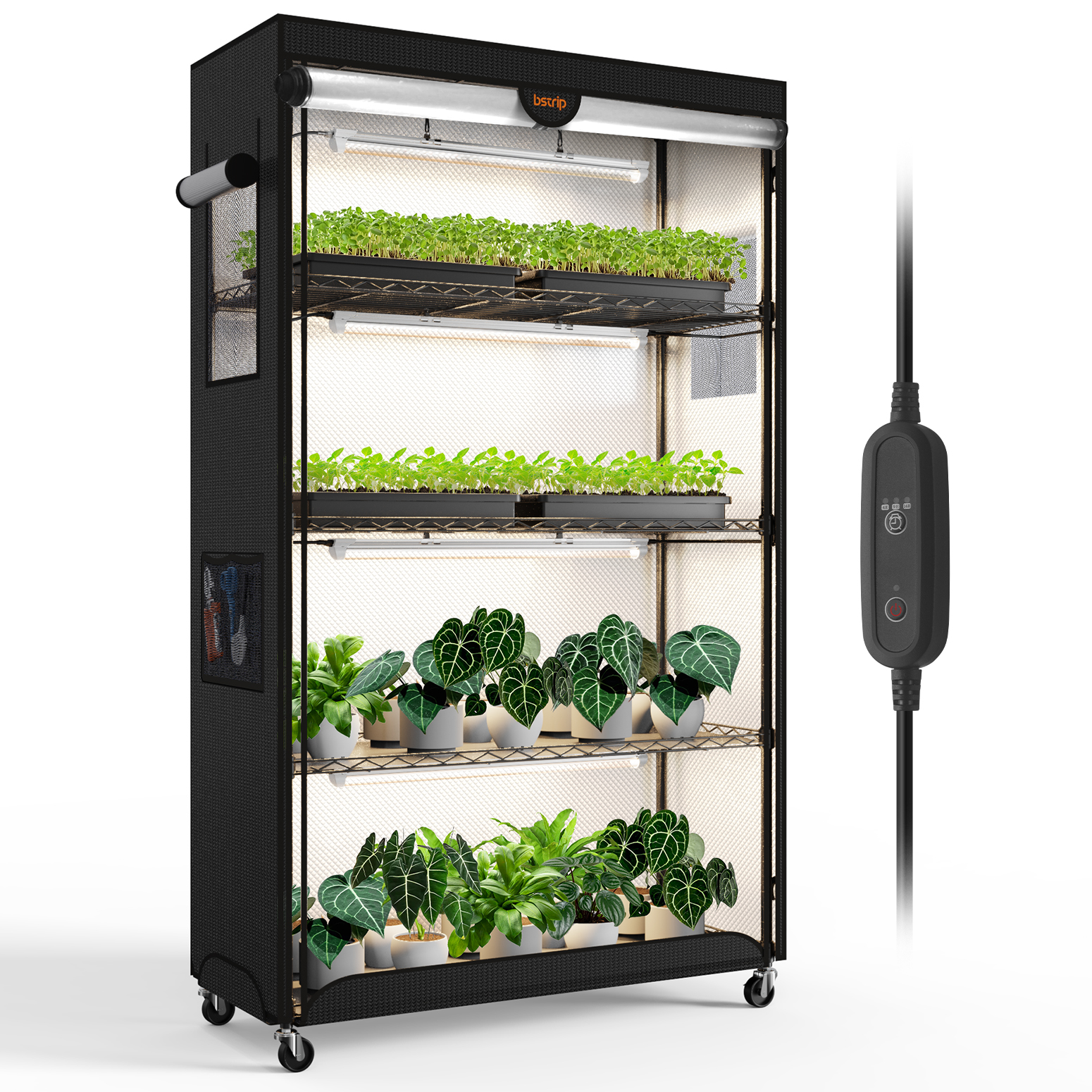 Bstrip PD95 Indoor Greenhouse with Grow Light, 4-Tier Plant Shelf with Reflective Oxford Fabric Grow Tent, 96W Full Spectrum LED Grow Light System with Auto Timer, Indoor Plant Cabinet for Seed Starting, Vegetables, Flowers & Tropical Plants (35.4" x 13.8