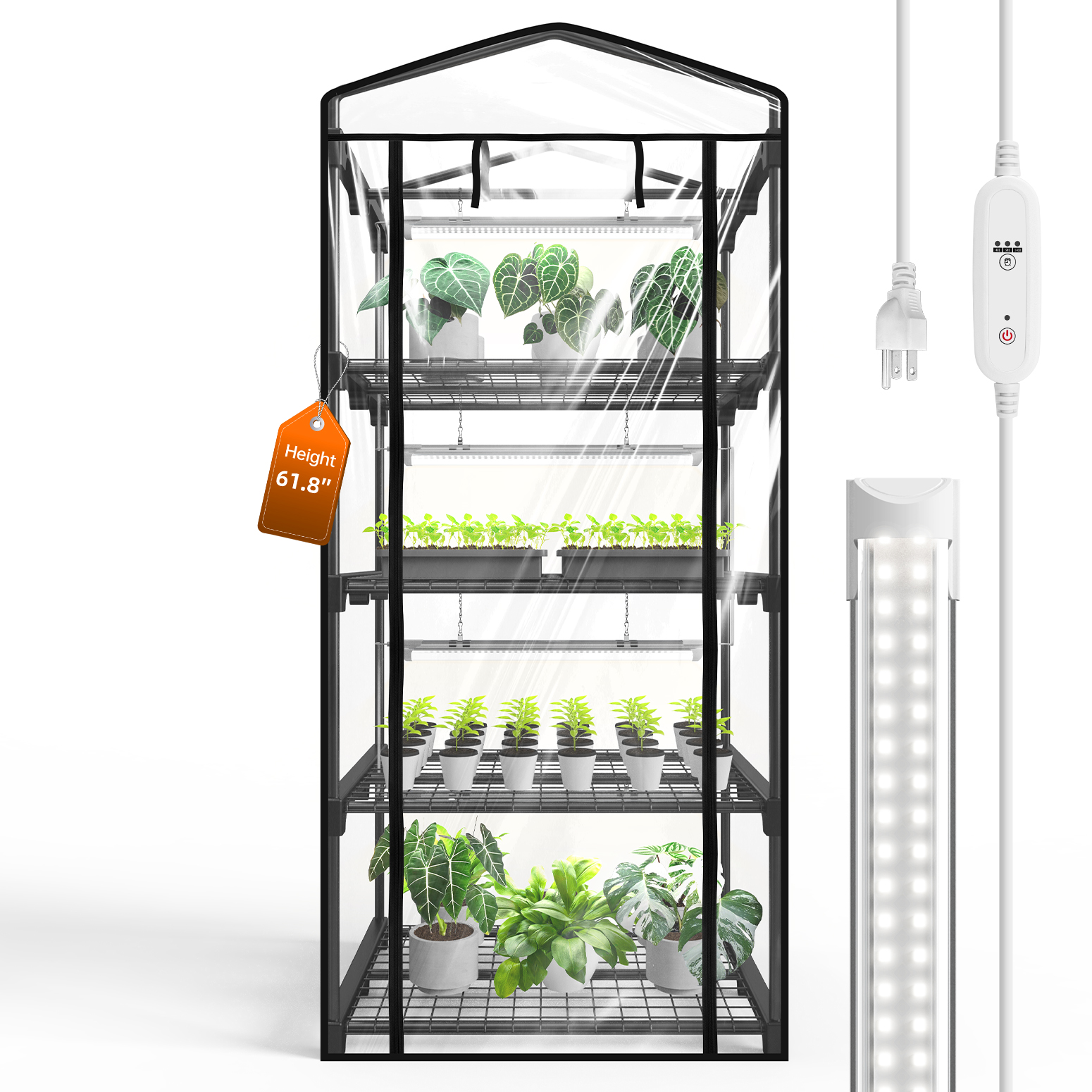 Bstrip Indoor Greenhouse with Grow Lights, 4-Tier Mini Greenhouse with 4 Pack 20W Full Spectrum Plant Lights, Timer Function & PVC Cover, 61.8" Plant Shelf for Seed Starting, Indoor Gardening, 27.2"x19.9"x61.8"