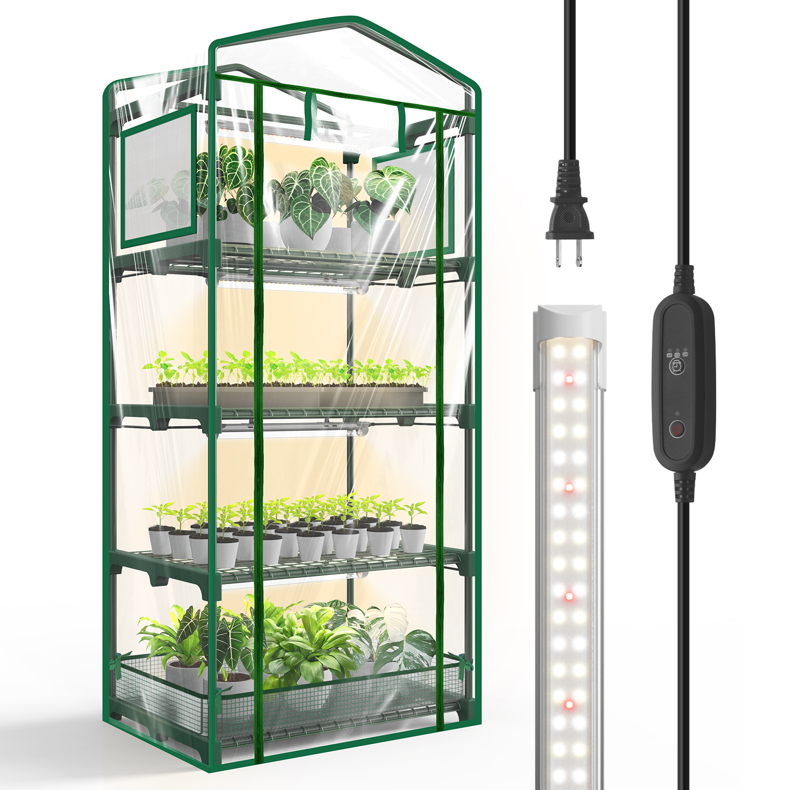 Bstrip Indoor Greenhouse with Grow Lights, 4-Tier Mini Greenhouse with PVC Tent & Waterproof Base Mat, 4Pcs T8 LED Grow Lights with Timer, Ventilation Windows & Zippered Door for Seed Starting, 27.2x19.3x61.8 Inches
