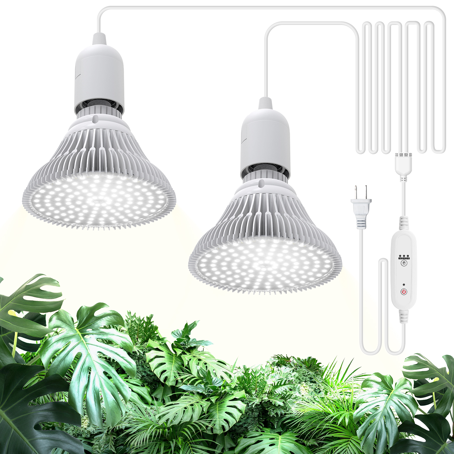 Bstrip 50W Dual Head Hanging Grow Light with Timer for Indoor Plants, 2x25W Full Spectrum Bulbs, 16.4FT Cord with Independent Switches, Ceiling Light for Tall Houseplants & Seed Starting