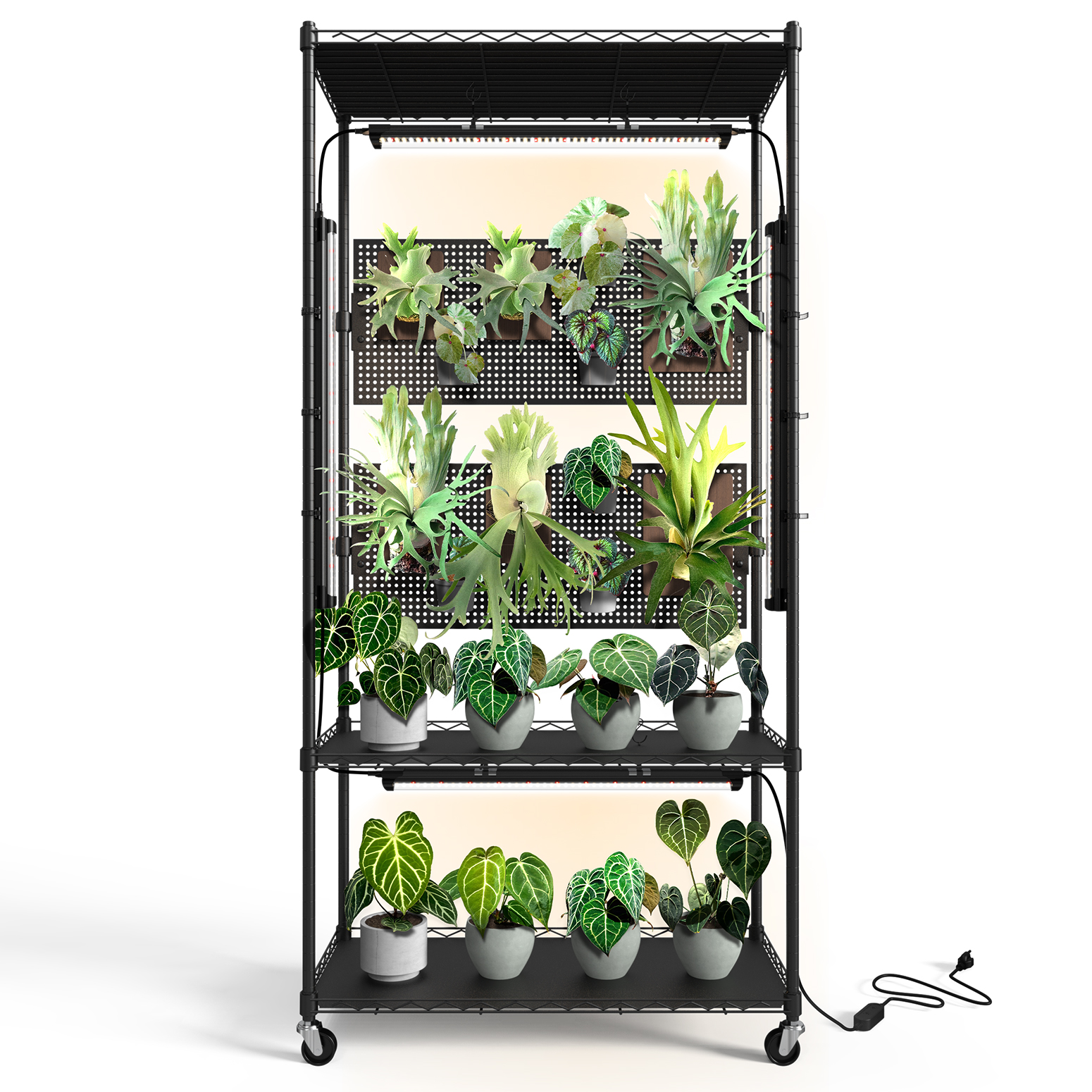 Bstrip 59" Plant Shelf with Grow Light and Pegboard, Adjustable Metal Plant Stand with 4x24W Full Spectrum LED Lights and Timer