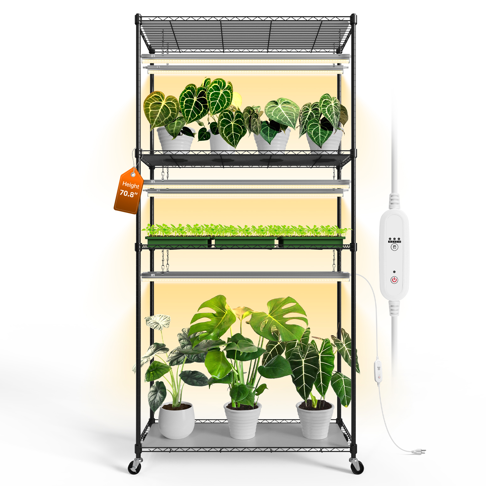 Bstrip 4-Tier Plant Shelf with Grow Lights, 70.8 Inch Tall Plant Stand with 6-Pack Full Spectrum LED Grow Lights, Adjustable Shelf with Timer & Wheels for Indoor Plants, Seed Starting, Tropical Plants