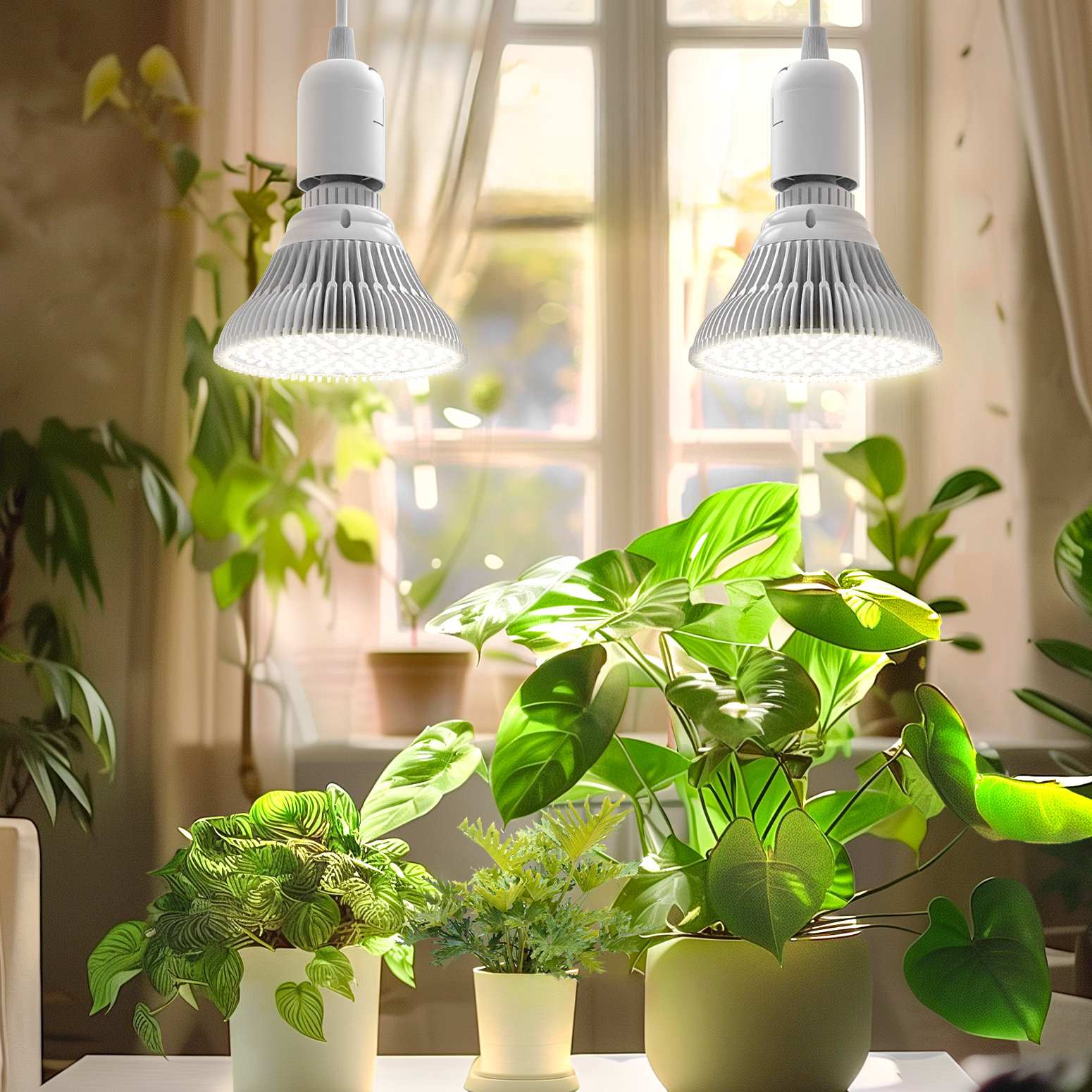 Bstrip 50W Dual Head Hanging Grow Light with Timer for Indoor Plants, 2x25W Full Spectrum Bulbs, 16.4FT Cord with Independent Switches, Ceiling Light for Tall Houseplants & Seed Starting