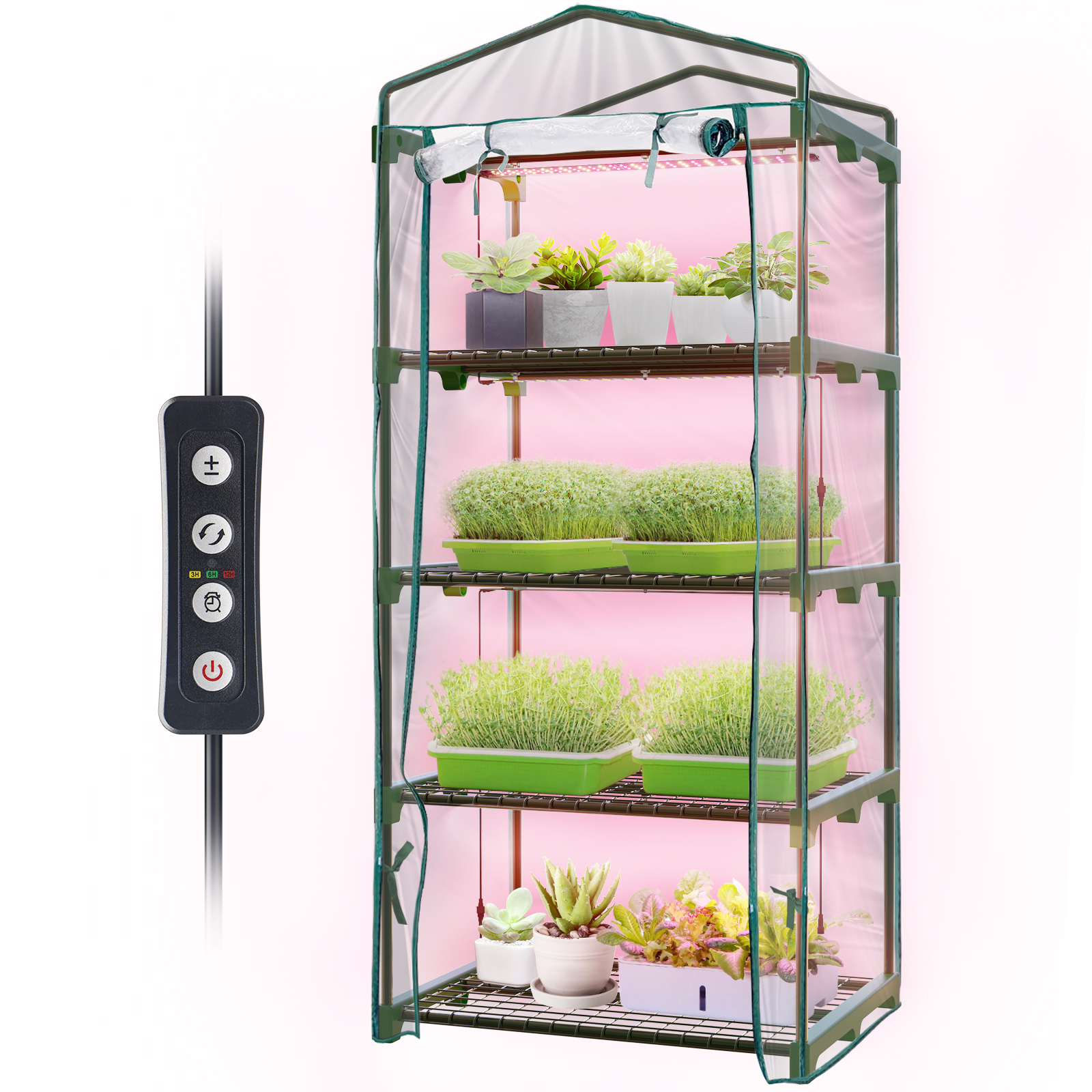Bstrip Indoor Greenhouse with Grow Lights, 4 Tier 61.8" Mini Greenhouse with Zippered PVC Cover, Four 15W Full Spectrum LED Plant Lights with Timer, Dimmable Grow Light for Seed Starting Trays and Indoor Plants