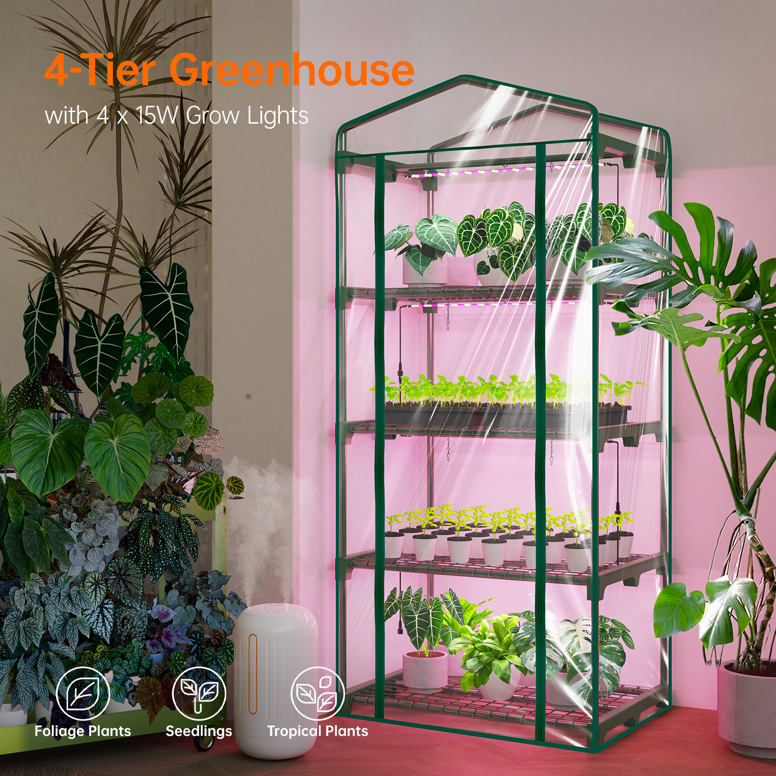 Bstrip Indoor Greenhouse with Grow Lights, 4 Tier 61.8" Mini Greenhouse with Zippered PVC Cover, Four 15W Full Spectrum LED Plant Lights with Timer, Dimmable Grow Light for Seed Starting Trays and Indoor Plants