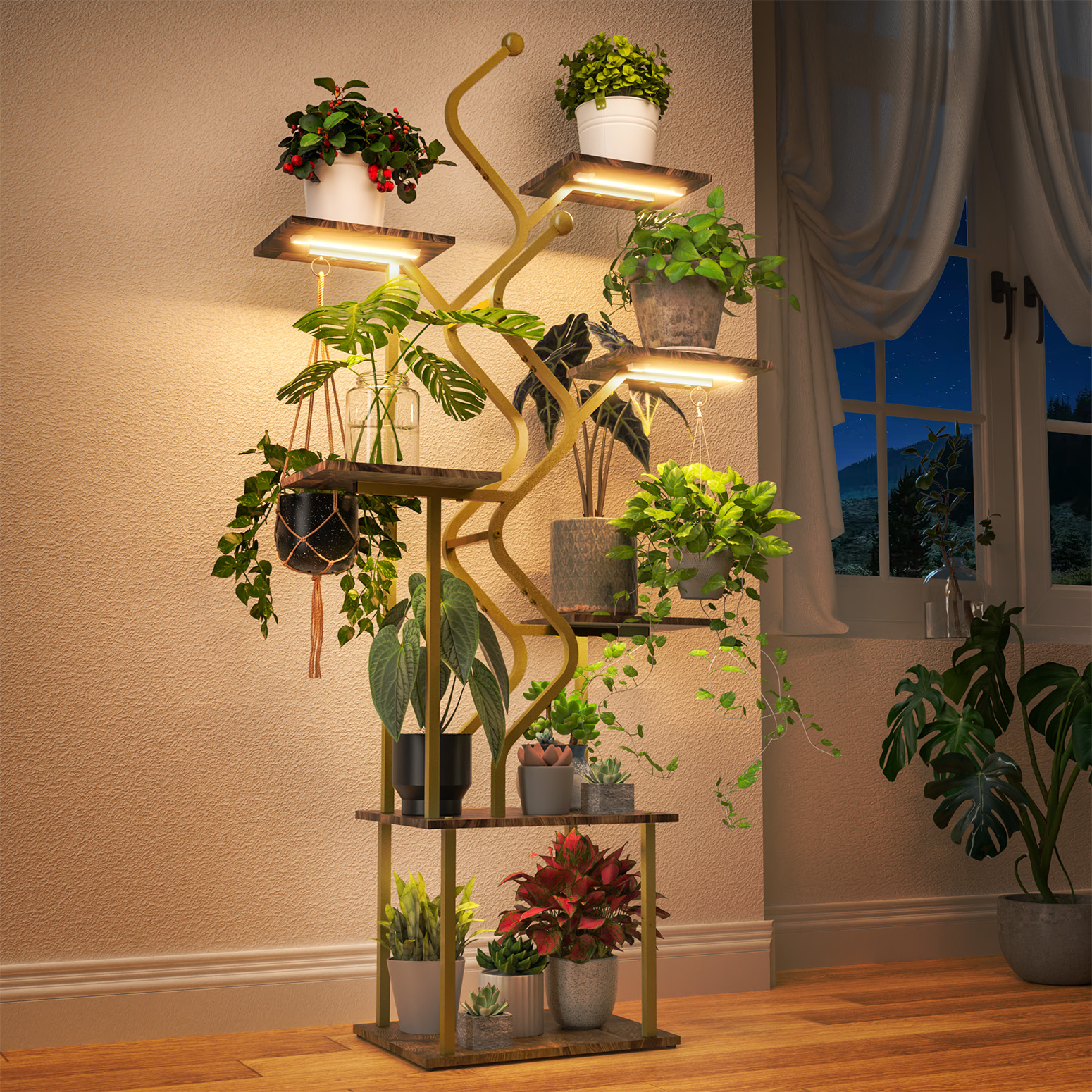 Bstrip 63 Inch 7-Tier Gold Plant Stand with Grow Light, S-Shaped Corner Shelf with Walnut Wood Panels and Hanging Hooks