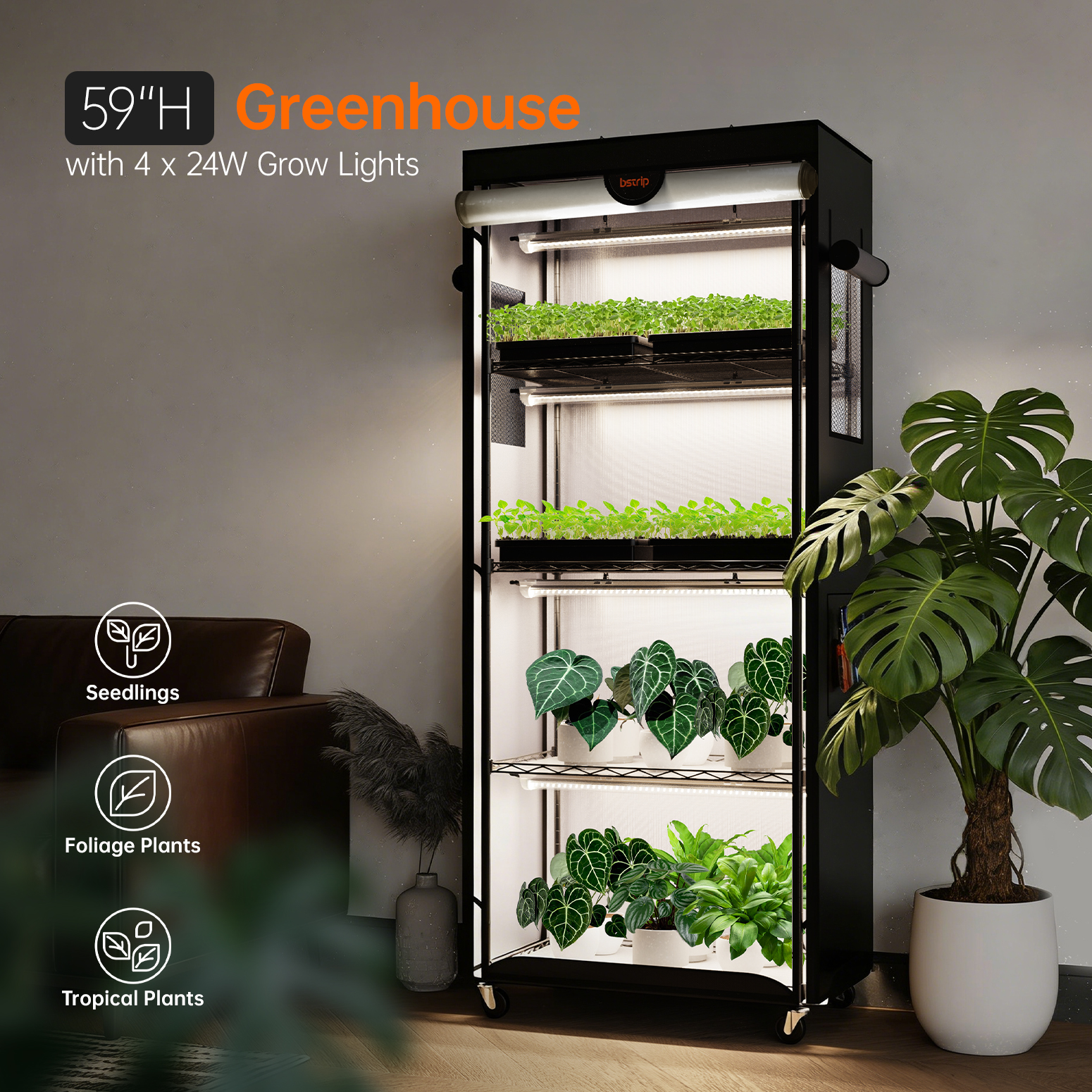 Bstrip PD65 Indoor Greenhouse with Grow Light, 4 Tier Plant Shelf with Reflective Oxford Fabric Grow Tent & Auto Timer, Full Spectrum LED Mini Greenhouse for Seed Starting, Vegetables, Flowers & Indoor Plant Growth (23.6" x 13.8" x 59")