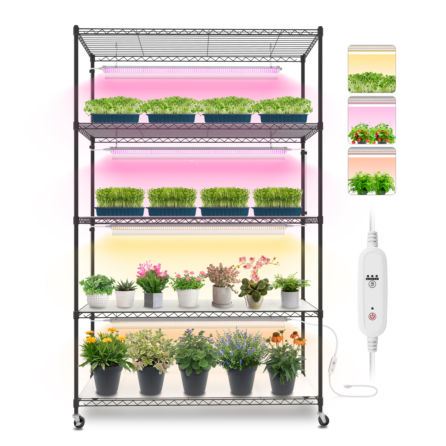 Bstrip 5-Tier Plant Shelf with Grow Lights, 71 Inch Large Plant Stand with 3FT T5 Full Spectrum LED Grow Light, 3-Mode Adjustable Color Light with Timer & Wheels for Indoor Plants, Seed Starting, 47.2" L x 17.8" W