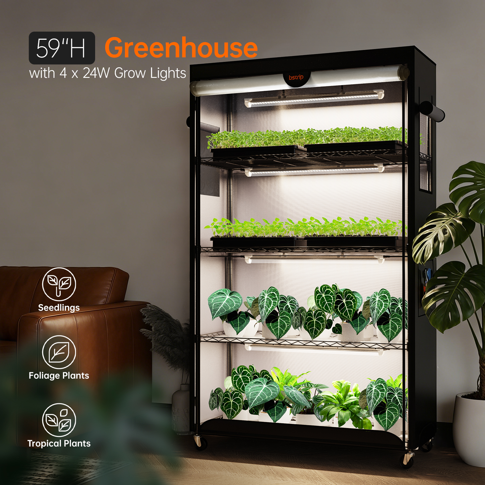 Bstrip PD95 Indoor Greenhouse with Grow Light, 4-Tier Plant Shelf with Reflective Oxford Fabric Grow Tent, 96W Full Spectrum LED Grow Light System with Auto Timer, Indoor Plant Cabinet for Seed Starting, Vegetables, Flowers & Tropical Plants (35.4" x 13.8