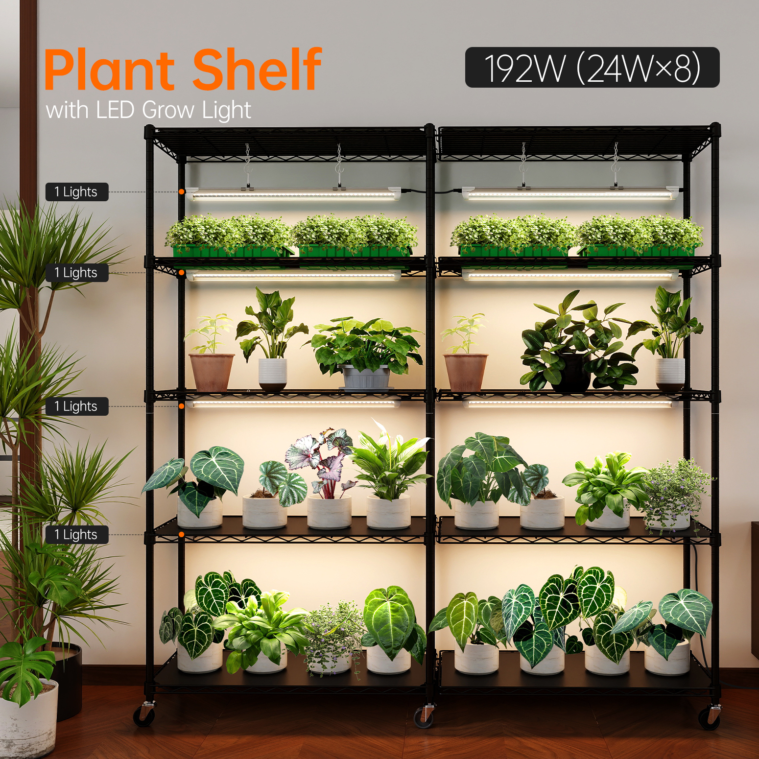 Bstrip DY155 5-Tier Plant Shelf with Grow Light, Heavy-Duty Indoor Plant Stand with 192W T8 Full Spectrum LED Grow Light System, Adjustable L-Shaped or Linear Plant Rack for Seed Starting, Herbs, Flowers & Indoor Plants (58" x 13.8" x 59")