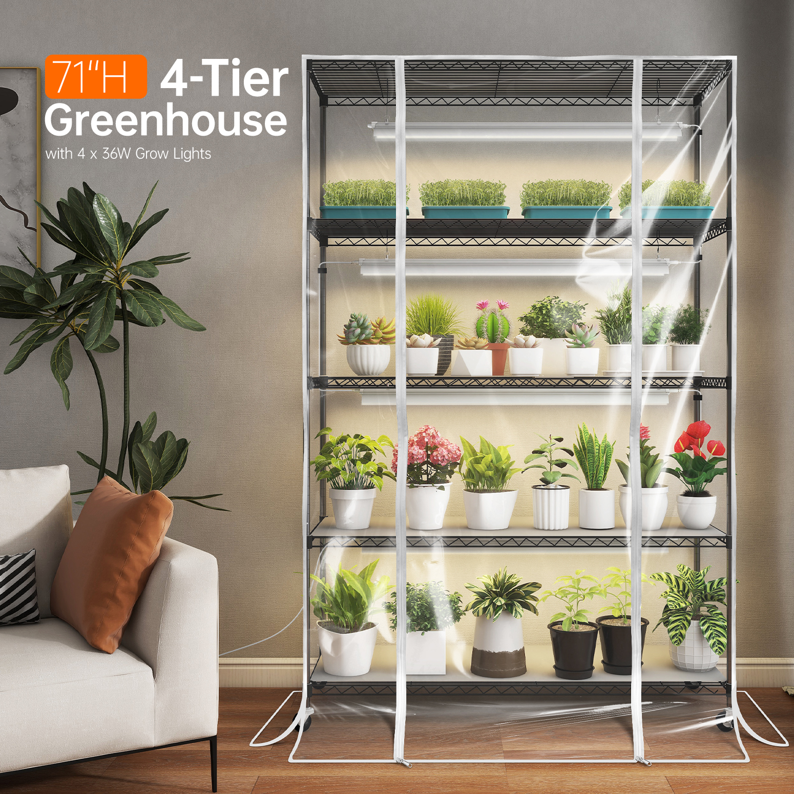 Bstrip Indoor Greenhouse Cabinet with Grow Lights, 71" Tall 5-Tier Plant Stand with Full Spectrum LED Plant Lights, 3 Color Modes & Auto Timer, Mobile Gardening System with Tent for Indoor Plants, Seed Starting