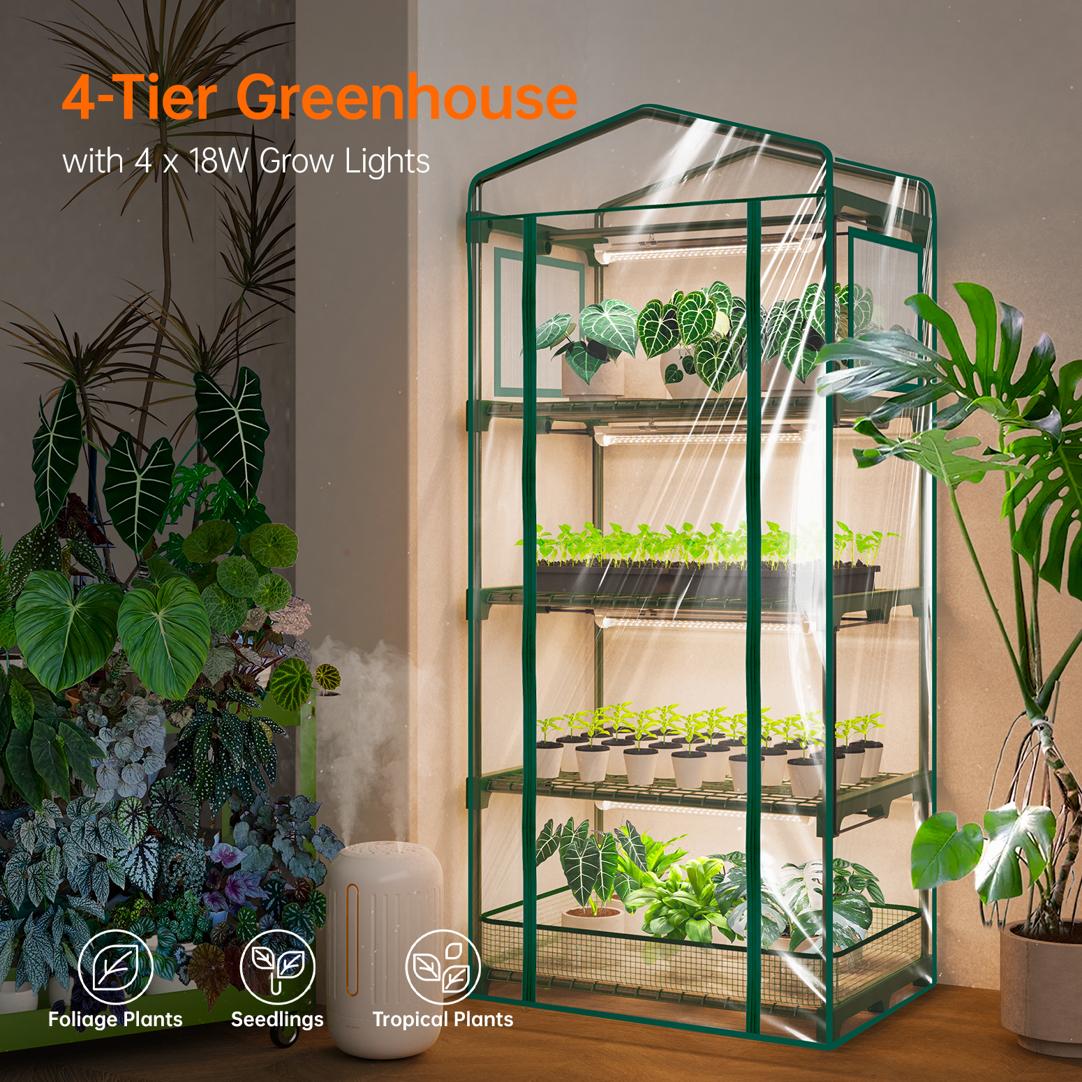Bstrip Indoor Greenhouse with Grow Lights, 4-Tier Mini Greenhouse with PVC Tent & Waterproof Base Mat, 4Pcs T8 LED Grow Lights with Timer, Ventilation Windows & Zippered Door for Seed Starting, 27.2x19.3x61.8 Inches