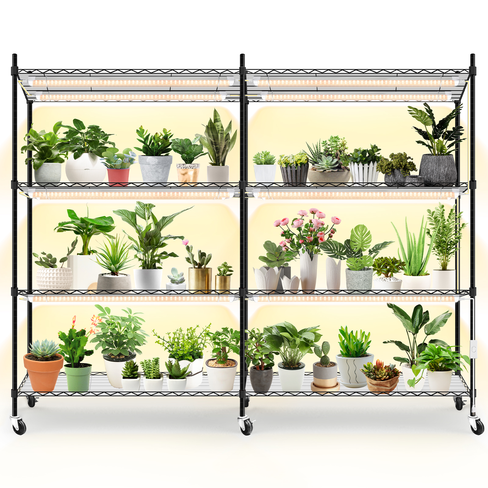 Bstrip Plant Shelf with Grow Lights, 4-Tier Indoor Plant Stand with 12-Pack Full Spectrum LED Grow Lights, 360LB Capacity & Adjustable Height, Mobile Gardening Station with Wheels for Seed Starting, Succulents