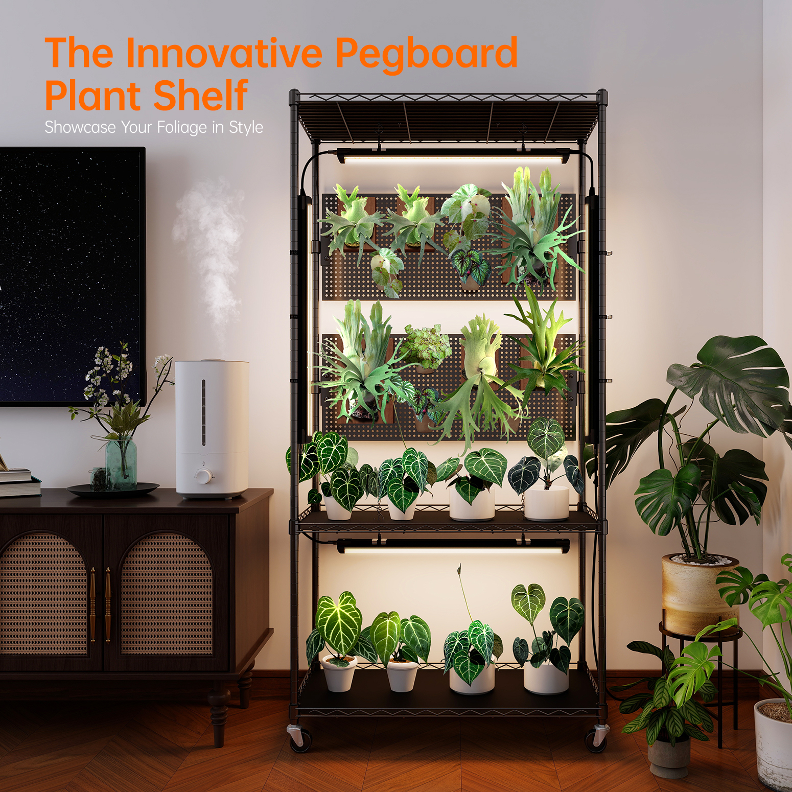 Bstrip 59" Plant Shelf with Grow Light and Pegboard, Adjustable Metal Plant Stand with 4x24W Full Spectrum LED Lights and Timer