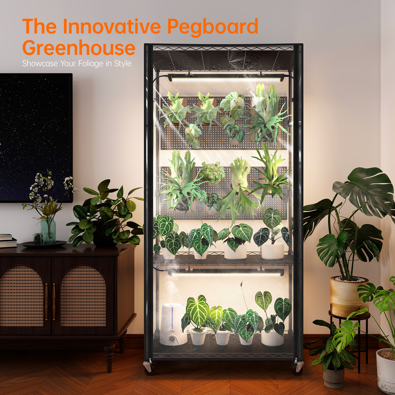 Bstrip 59" Indoor Greenhouse with Grow Light and Pegboard, Mini Greenhouse with EVA Cover and 4x24W Full Spectrum LED Lights