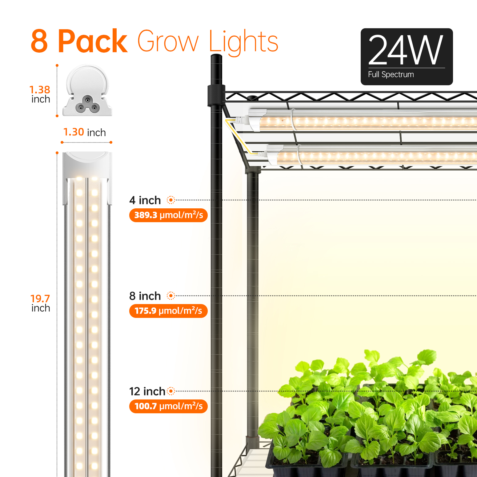 Bstrip DIY Plant Shelf with Grow Lights, Adjustable 6-Tier Plant Stand with 8-Pack 24W Full Spectrum LED Grow Lights, Mobile Gardening Station with Wheels for Seed Starting, Indoor Plants, 70.9 Inch Height