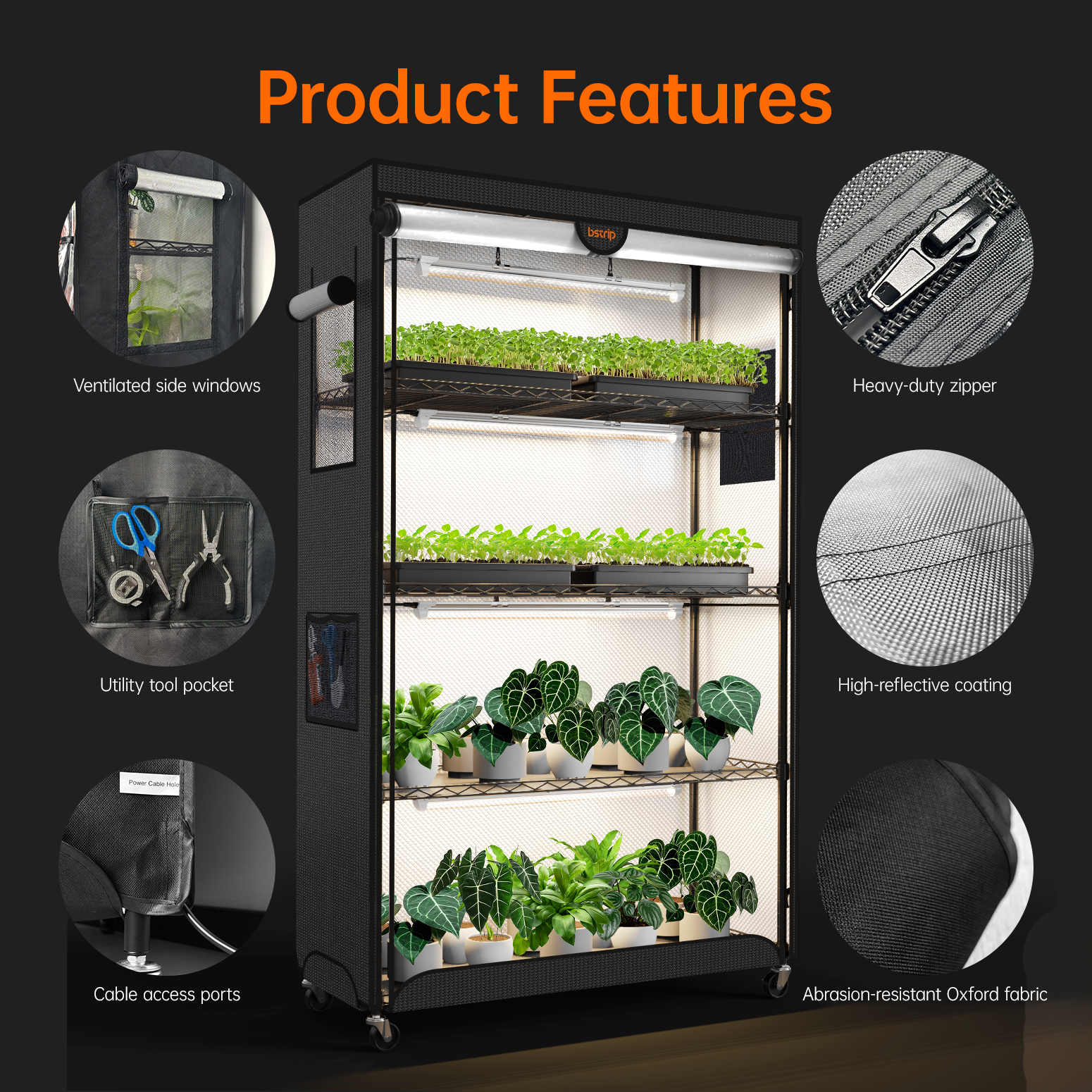 Bstrip PD95 Indoor Greenhouse with Grow Light, 4-Tier Plant Shelf with Reflective Oxford Fabric Grow Tent, 96W Full Spectrum LED Grow Light System with Auto Timer, Indoor Plant Cabinet for Seed Starting, Vegetables, Flowers & Tropical Plants (35.4" x 13.8