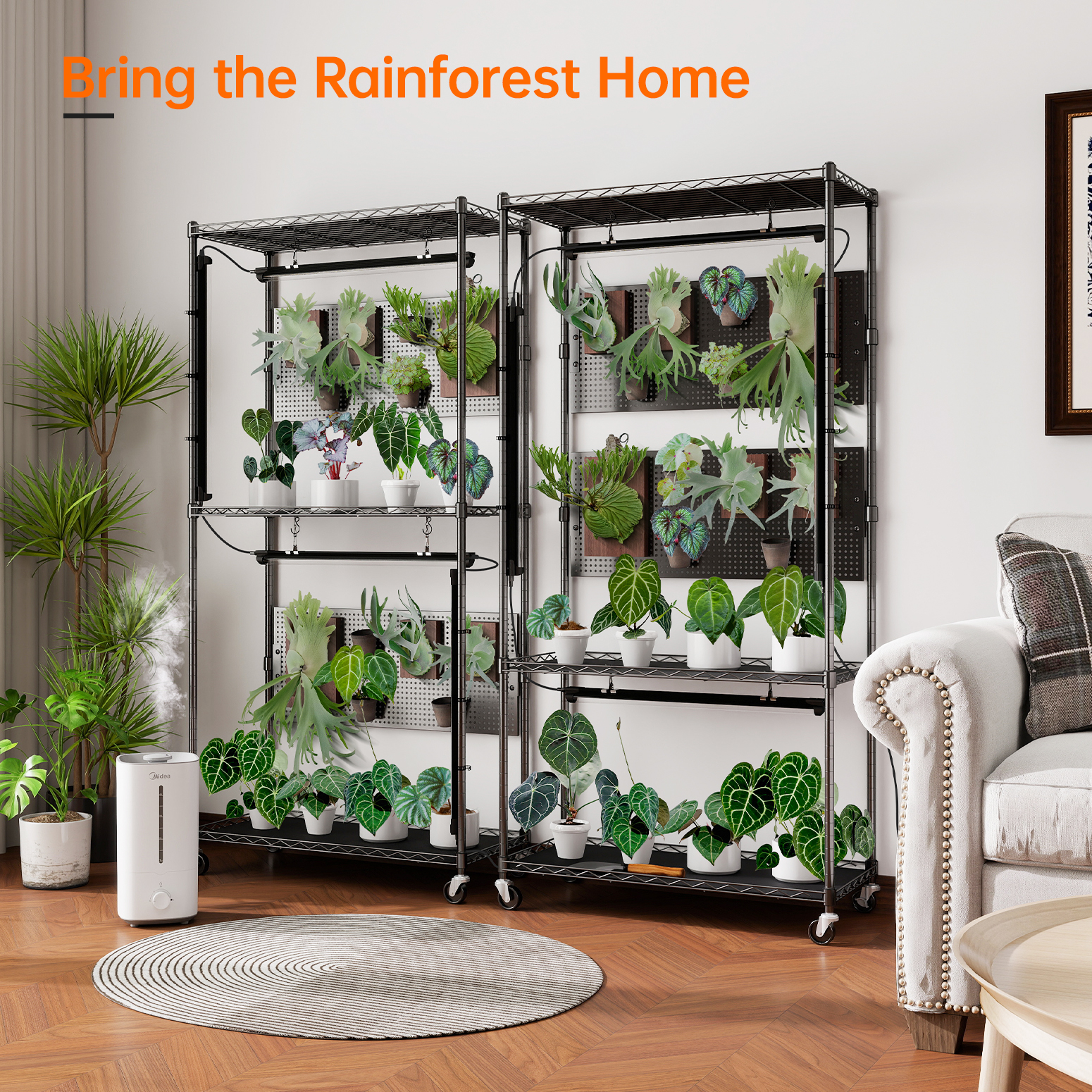 Bstrip 59" Plant Shelf with Grow Light and Pegboard, Adjustable Metal Plant Stand with 4x24W Full Spectrum LED Lights and Timer