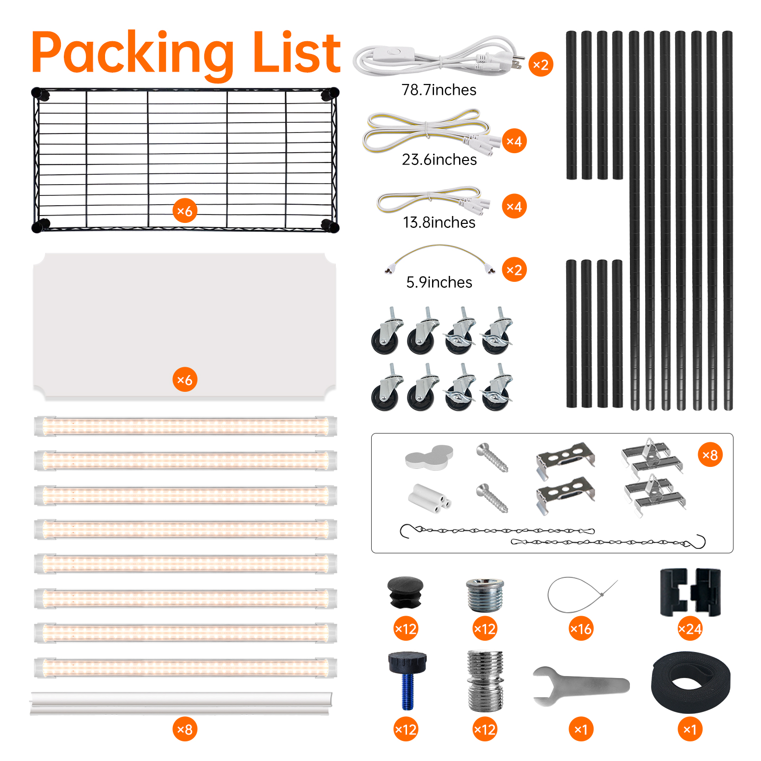 Bstrip DIY Plant Shelf with Grow Lights, Adjustable 6-Tier Plant Stand with 8-Pack 24W Full Spectrum LED Grow Lights, Mobile Gardening Station with Wheels for Seed Starting, Indoor Plants, 70.9 Inch Height